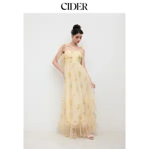 Cider Mesh Square Neck Embroidery Floral Knotted Maxi Dress