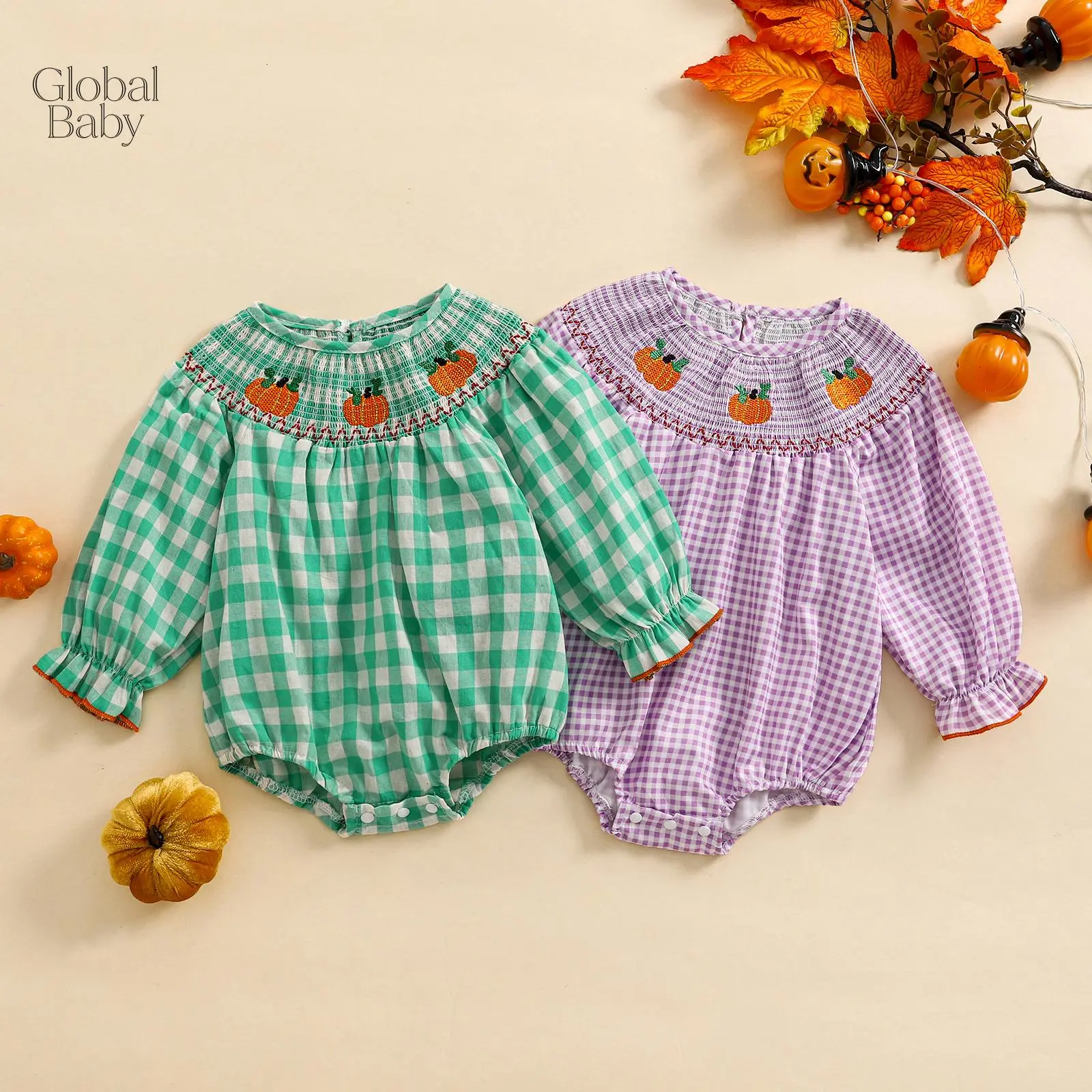 Baby Girl Fall Pumpkin Embroidery Gingham Bubble Romper Long Sleeve Snap Bottom Onesie Infant Thanksgiving Harvest Outfit