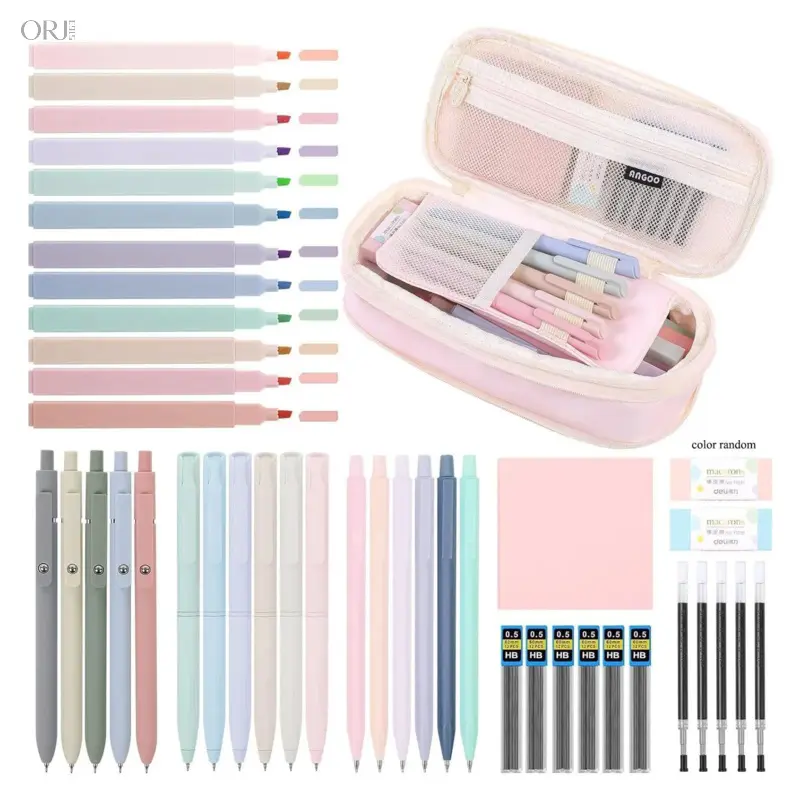 2026 Cute Aesthetic 44 Pack Complete School Stationery Bundle, All In One Student Supplies Kit with Highlighters Gel Pens Mechanical Pencils Pencil Case & Stationery Accessories, Portable Art Writing Set Back To School Must Haves for Teen ,,elastic,waist,