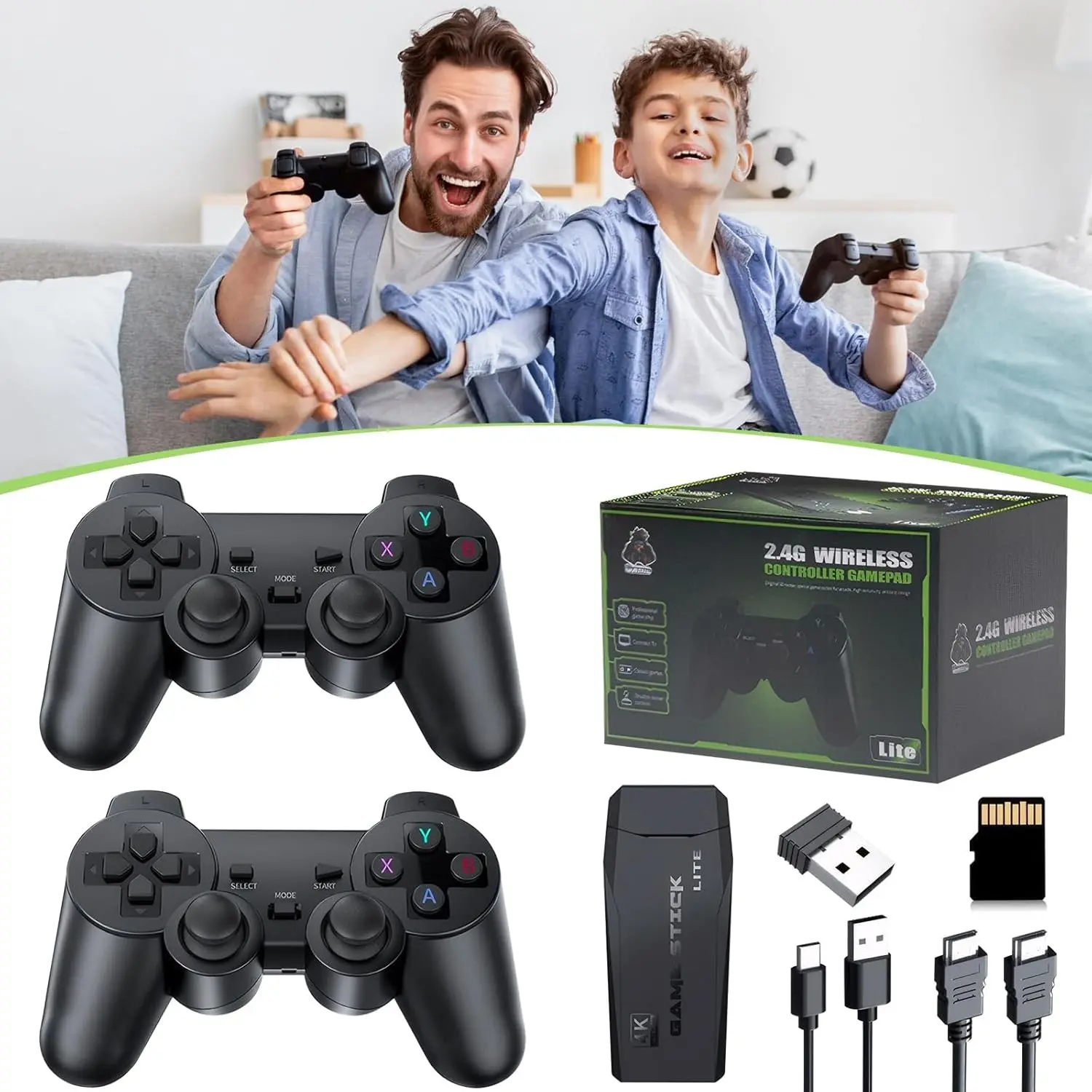 Nostalgic TV game console, Wireless gaming console, with over 40000 classic games, supports 23 emulators, comes standard with dual wireless controllers, 64GB storage capacity, plug and play HDMI connection, and is a tool for family game