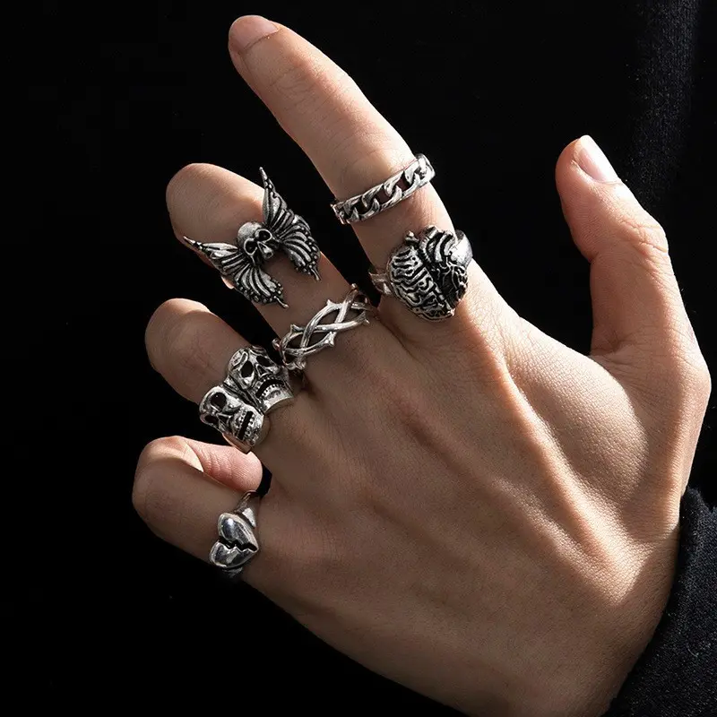 Vintage Goth Punk Stackable Ring Set - Antique Silver Adjustable Open Bands with 3D Carved Skull, Snake & Flower Designs, Hollow Twisted Branch, Punk Accessories, Rings for Women, Accessories for Women, Carved Skull Rings, 3D Embossed Skull