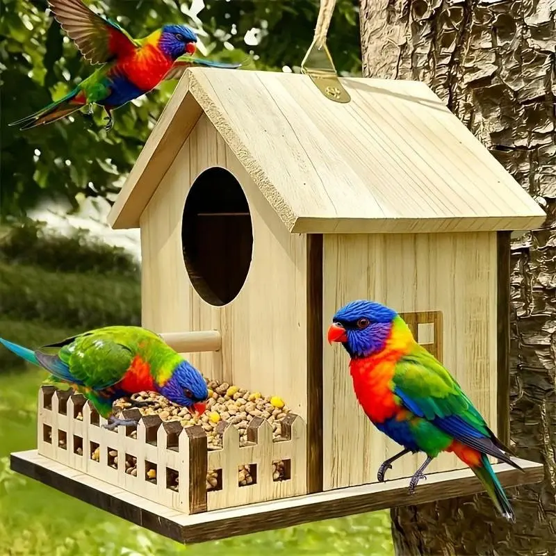 A suspended birdhouse with a fence, featuring an independent feeding area, rainproof and windproof, made of natural wood, safe, with spacious interior space, suitable for small birds, Bird Houses For Outside, Wooden bird houses