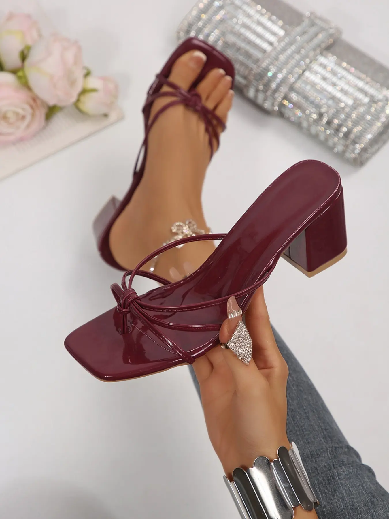 French Style Thin Strap Knot Heeled Sandals, Classy Sandal, Summer Versatile Footwear, Narrow Toe High Heel Slippers, Office & Outing Women's Shoes, Casual Summer Footwear, Elegant Heeled Sandals