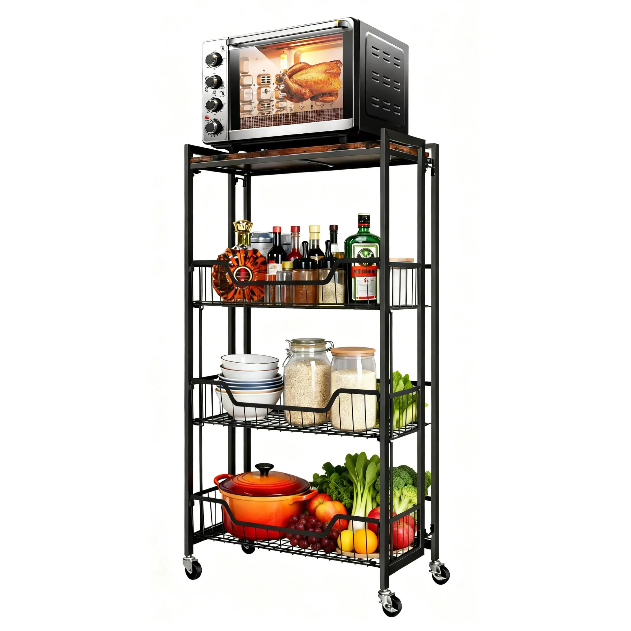 Heavy Duty 4-Tier Wooden Folding Kitchen Storage Rack – Space-Saving Rolling Organizer with Lockable Wheels, Removable Shelves, Pre-Assembled Utility Shelf for Pantry, Garage, Bathroom