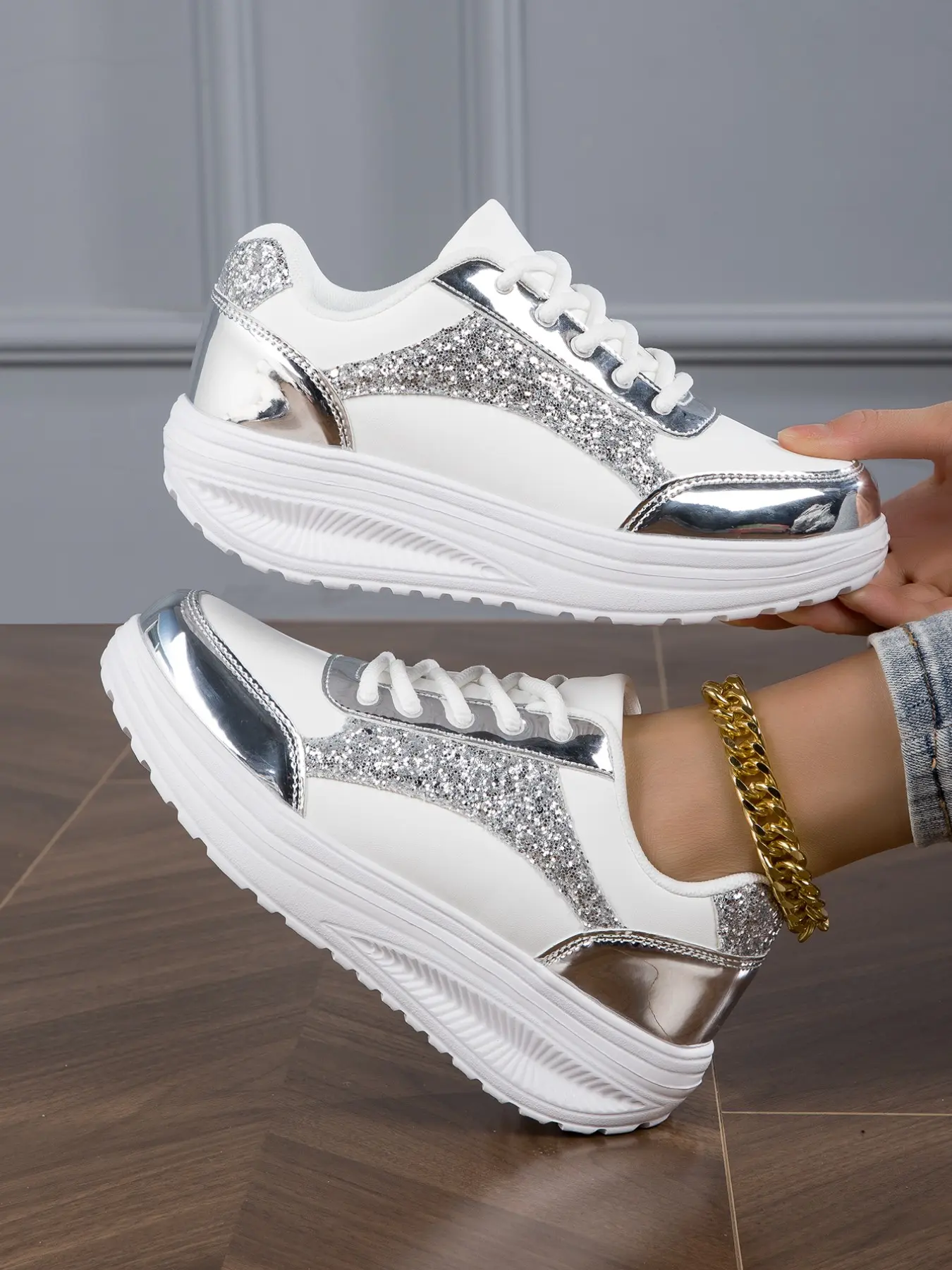 Women's Silver Color Sequined Dad Shoes, Thick Sole Height Increasing Casual Sporty Sneakers, Breathable Anti-Slip Platform Shoes