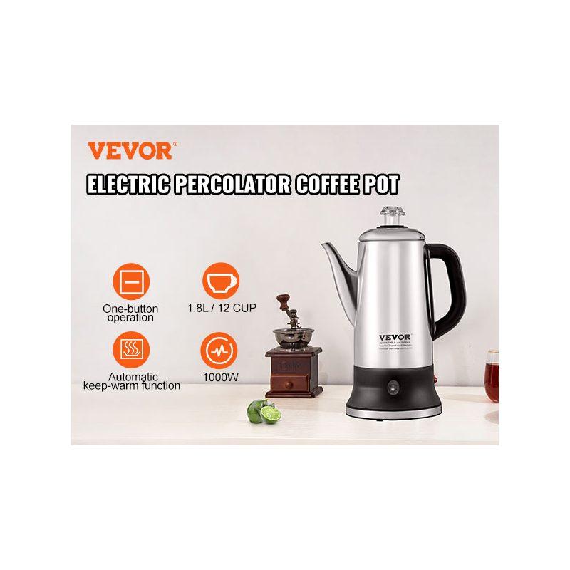 VEVOR 12-Cup Electric Percolator Coffee Pot, 304 Stainless Steel Coffee Percolator with Keep Warm Function Heat-Resistant Handle, Classic Coffee Maker, Quick Brew Easy-Pour Spout, Silver
