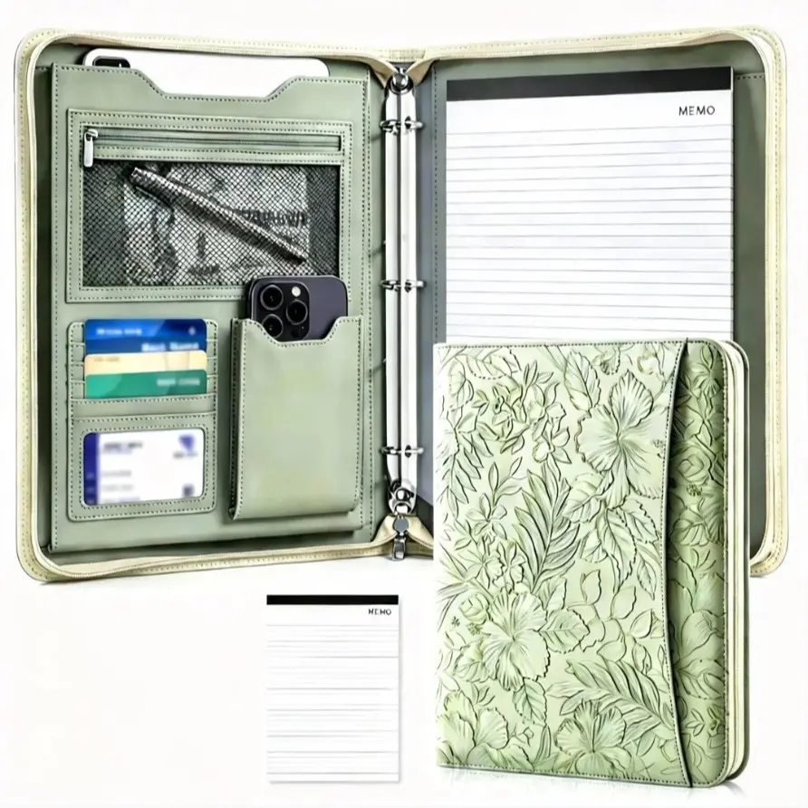Cross-Border Bestseller Embossed Floral A4 Ring Binder Portfolio Folder, PU Leather Manager File Organizer, Zip Pocket, Zipper Binder, Multiple Card Slots