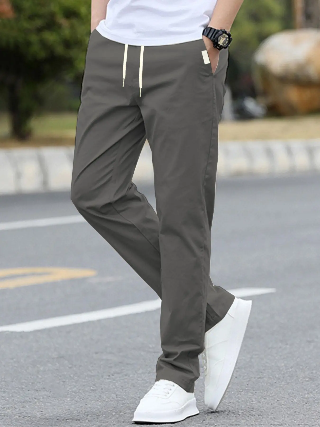 Men's Solid Color Drawstring Waist Pants with Side Pockets, Adjustable Waist Trousers, Casual Fitted Trousers for All Seasons, Comfortable Everyday Wear, Casual Elastic Waist, Casual Comfy Fit