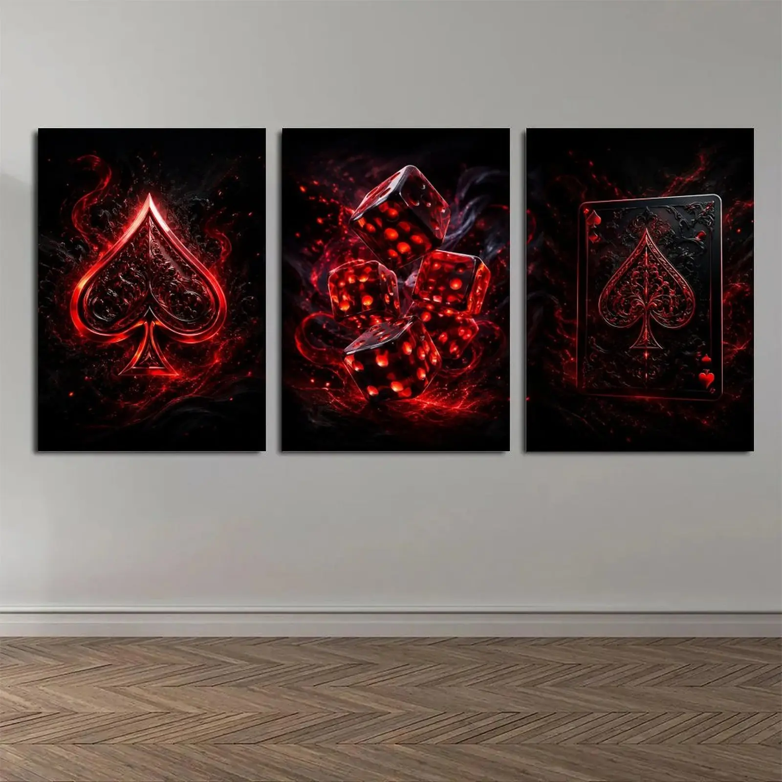 3Pcs Luminous Neon Glow Red Poker Dice Decorative Posters Set - Black-Red Spade Card Gambling Artwork, Modern Dark Aesthetic Wood Multi-Size Game Room Wall Decor, Framed/Unframed Wrap Options, Ideal Gift Ornaments Art Prints