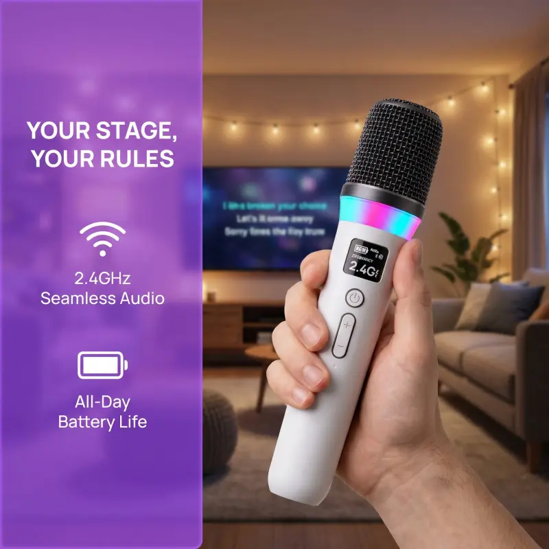 Single/Dual wireless microphone with receiver, 2.4G rechargeable, smart AI speaker microphone with multi-effect mixing system for karaoke (Black/White)