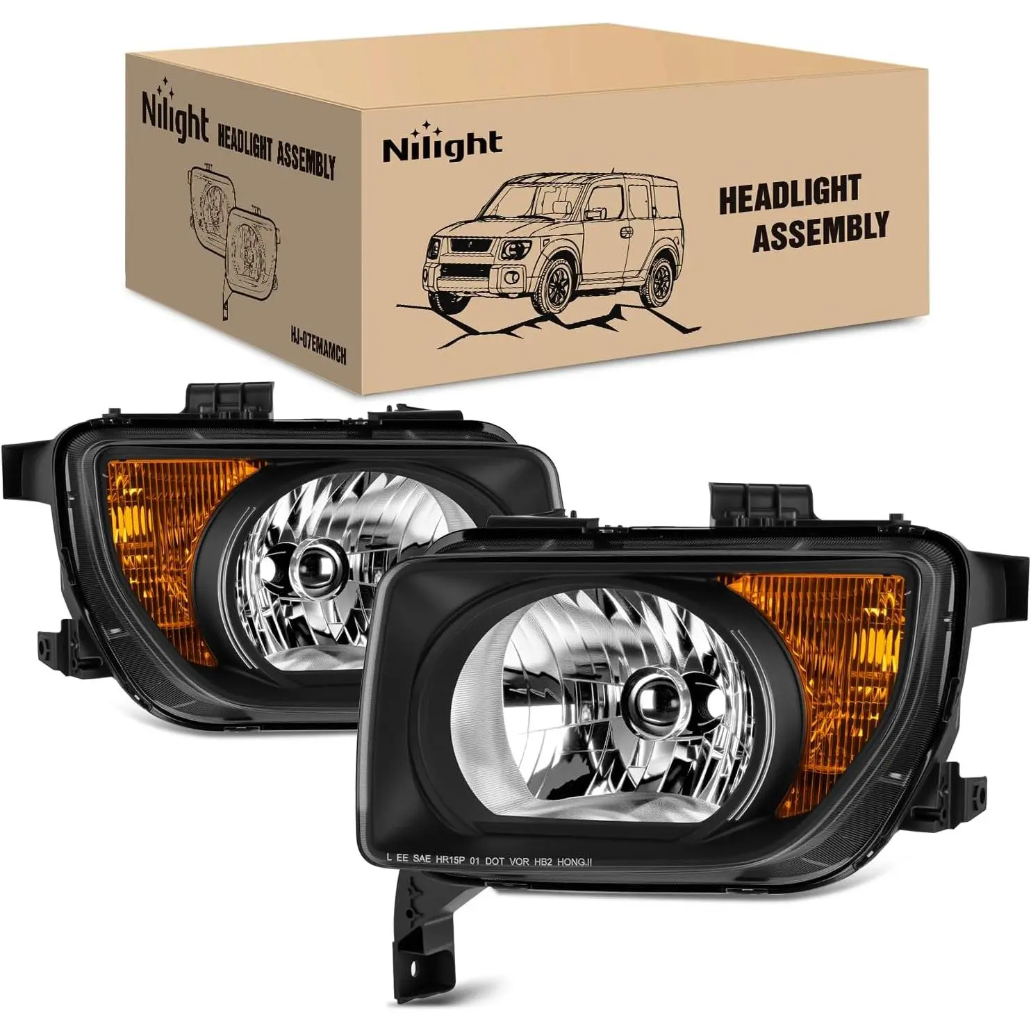 Nilight Headlight Assembly Compatible with 2003 2004 2005 2006 Honda Element OE Style Replacement Halogen Headlights Black Housing Amber Reflector Headlamp Passenger and Driver Side