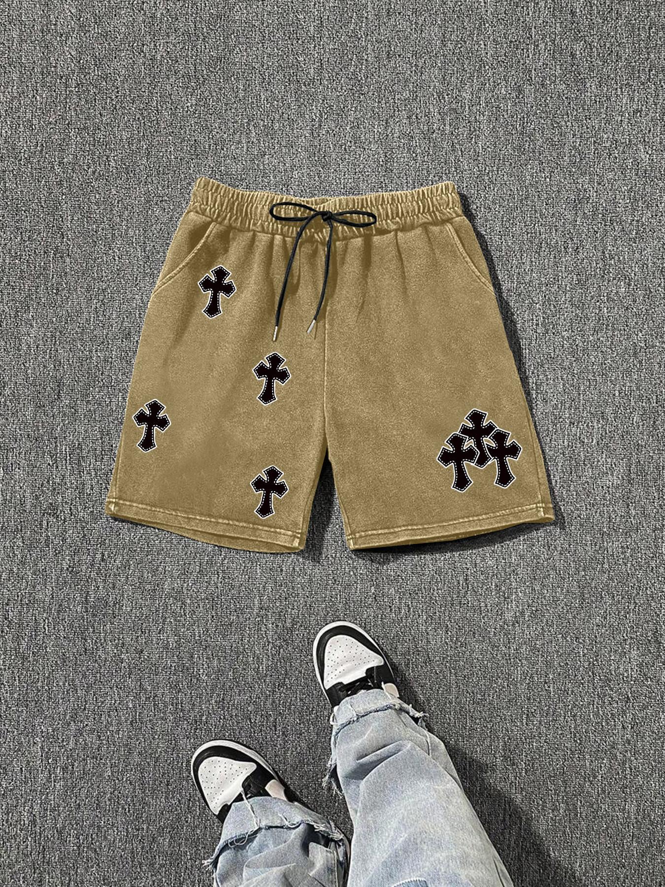 Men's Cross Print Washed Distressed Drawstring Waist Shorts, Loose Casual Street Style Graphic Shorts for Summer, Casual Streetwear Shorts, Men's Bottoms for Daily Wear
