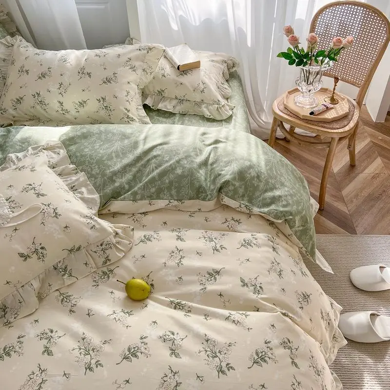 Queen Size Sage Green Floral 100% Cotton Reversible Ruffle Lace Cottagecore Duvet Cover Set, 3-Piece Bedding Set, Bed Set