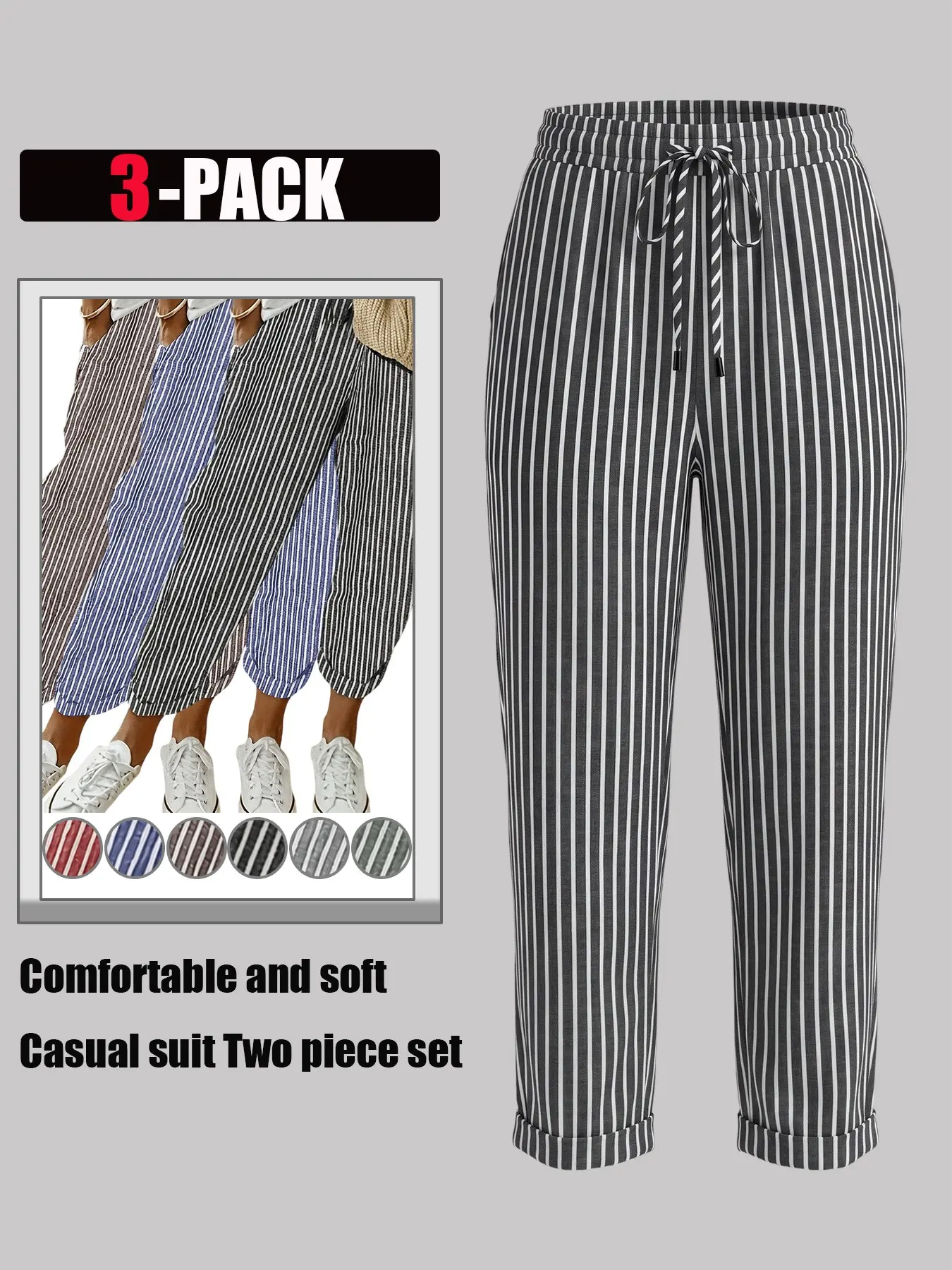 3-Pack Striped Women's Straight Leg Nineshot Pants, Elegant and Simple Fashion, with Pockets, Essential Casual Wear for Daily, Bottoms