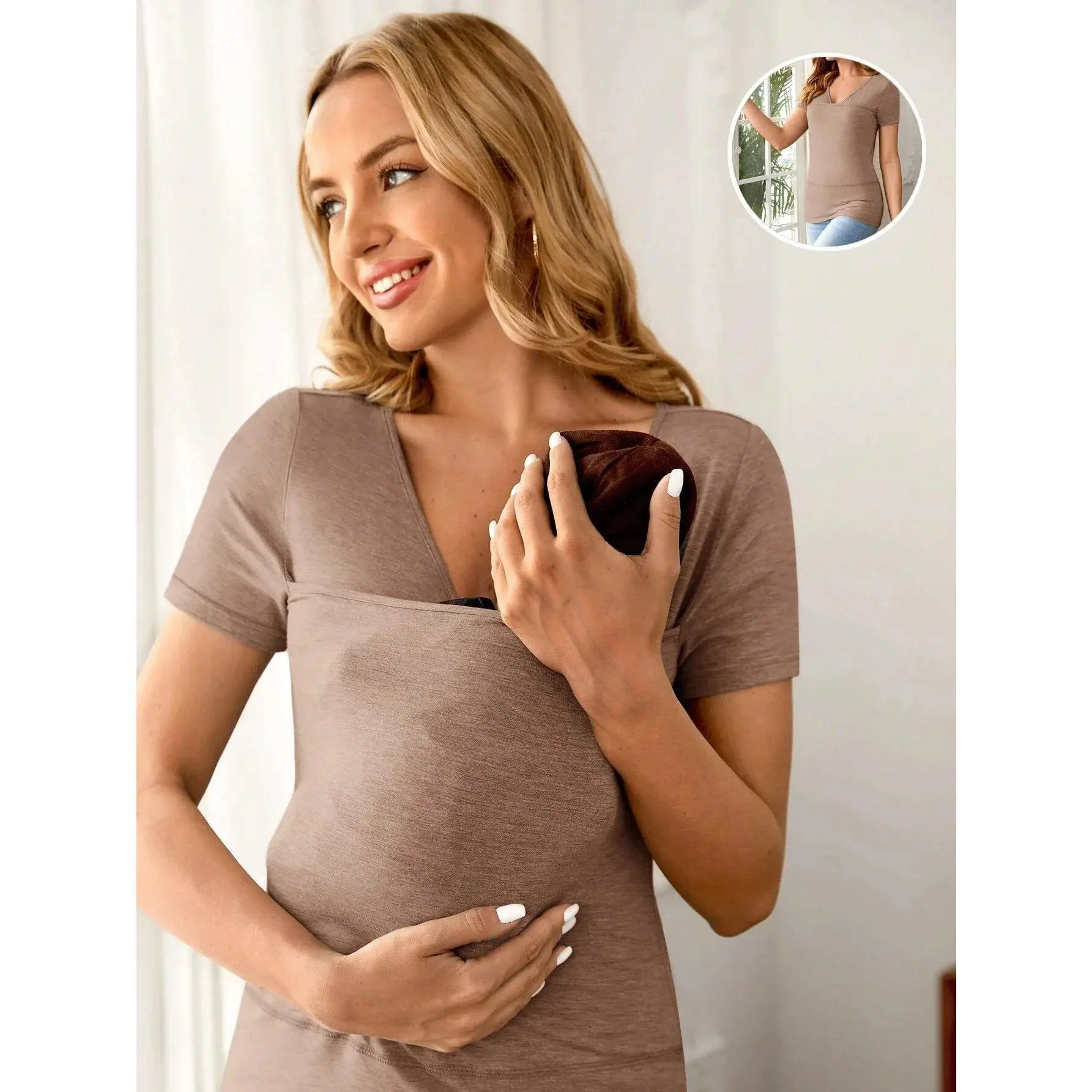 Women's Plain Solid Poly-Cotton Blend Maternity Nursing Blouse, Summer Casual Short Sleeve V-Neck Apricot Breastfeeding Top, Maternity Supplies Accessory, Casual Wrap