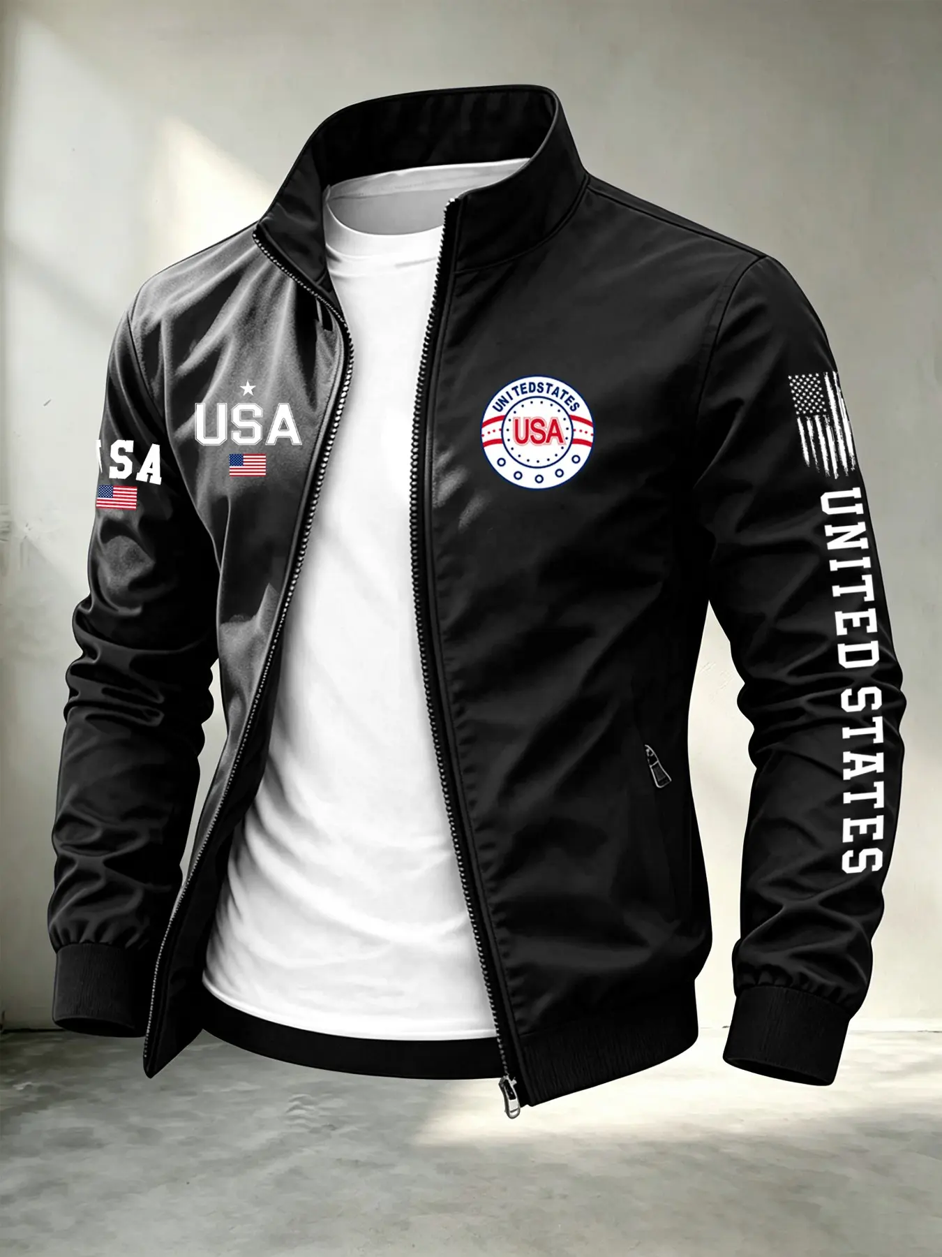 Men's American Style Stand Collar Jacket, Usa Print Zipper Coat, Lightweight Windproof Casual Outerwear, Perfect Gift for Him
