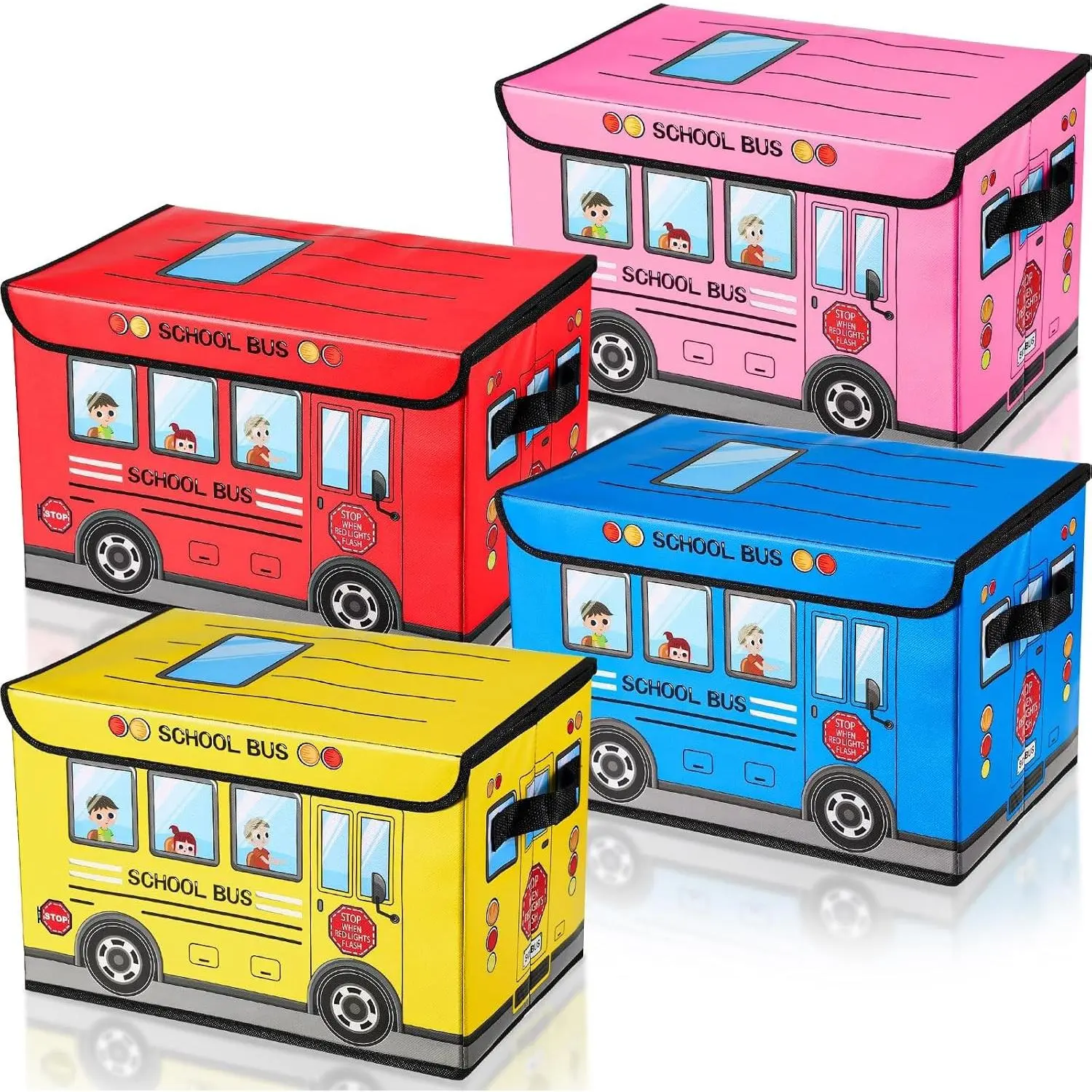 4 Pcs Foldable Treasure Box with Lid, Kids Toy Chest Storage Organizer Bin for Classroom School Bus, Teachers Students Awards - Yellow Pink Red Blue
