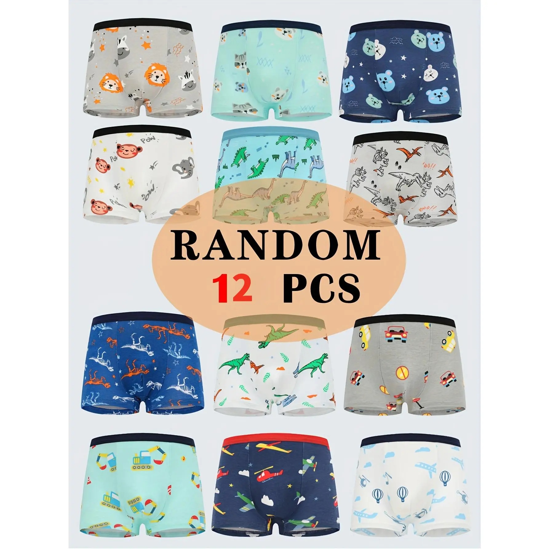 Boys' Cartoon Animal Boxer Shorts - 10pcs Random Mix, Nylon Blend Material, Medium Stretch, Comfortable Fit, Cute Look, Elastic Design, Cartoon Animals