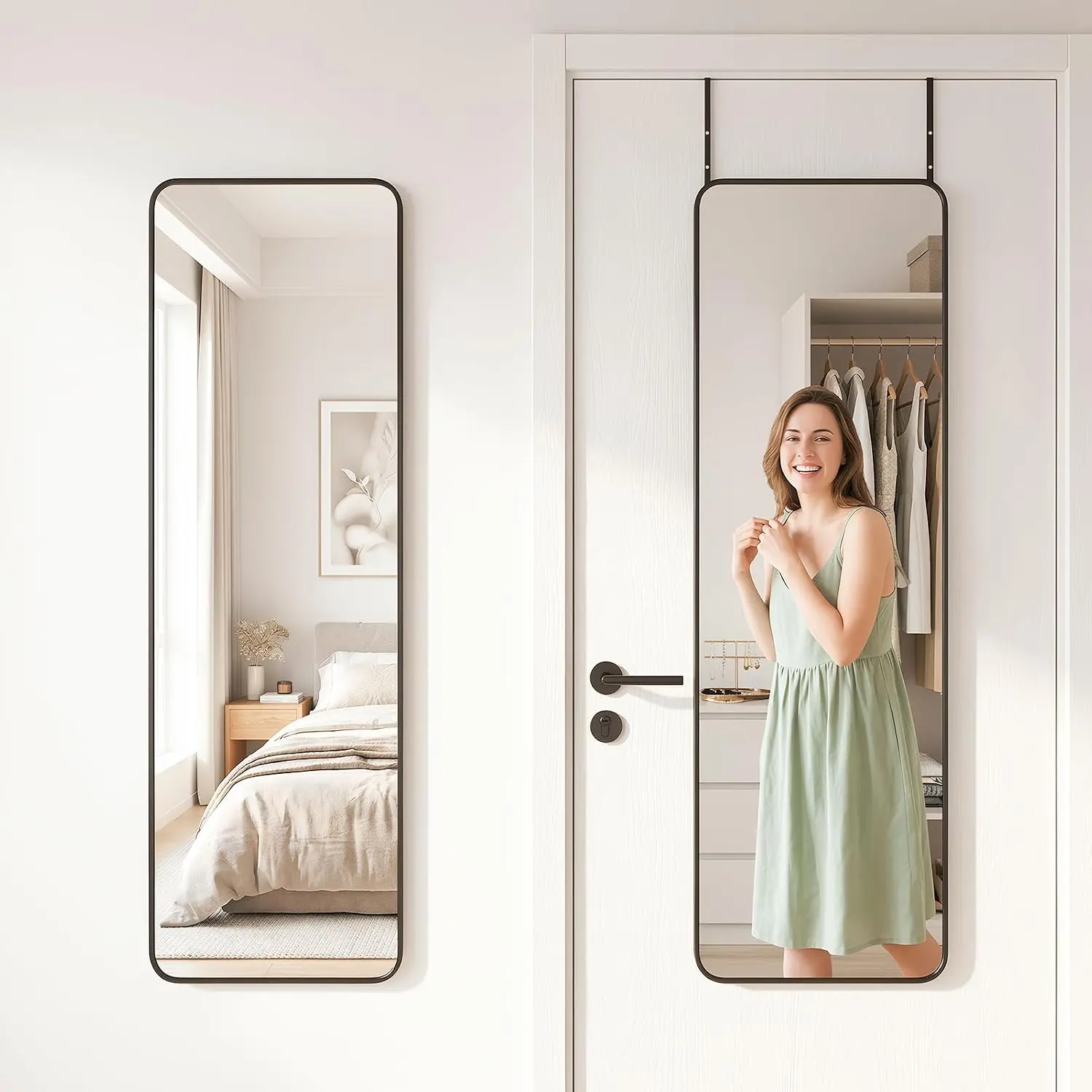 48"x14" Over the Door Mirror, Full Length Mirror Door  with  Metal Frame, Rectangle Wall Mounted  Mirrors for Bedroom, Dressing & Makeup Mirrors for Daily Outfit Check, Black