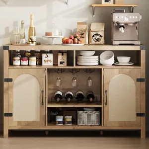 Rattan Sideboard Buffet Cabinet with Storage – Boho Farmhouse Coffee Bar Console – 3 Drawers, Wine & Glass Racks, Open Shelves – Sturdy Woodgrain MDF – For Dining or Living Room