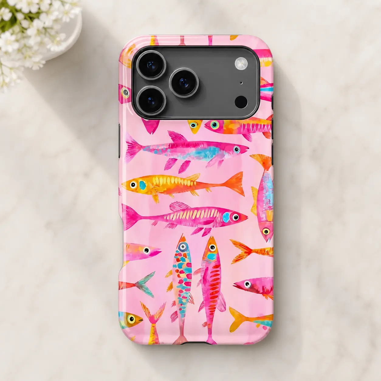 Glam Street TPU Shockproof Waterproof Phone Case - Preppy Cover/Shell with Pink Cartoon Fish, Vintage Skull, Flower Designs for iPhone 12-17 Pro Max, Samsung S23-S25 Ultra Full-Protection Accessory
