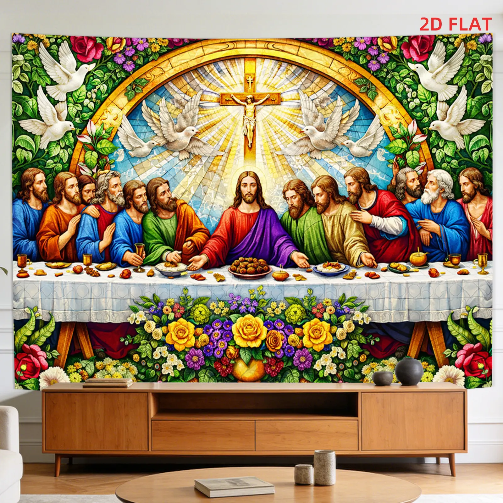 [2D Flat Print] The Last Supper Religious Tapestry, 1 Large/Small Pattern with Jesus, Apostles, Cross, Dove, Non-Luminous Indoors Wall Decoration for Living Room, Meditation Space