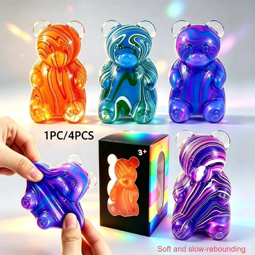 Dreamy Rainbow Bear Stress Relief Toy, Jelly Texture Squeeze Rebound Toy, Decompression Fidget, Kids Birthday Gift, Party Favor, 1/4-Pack