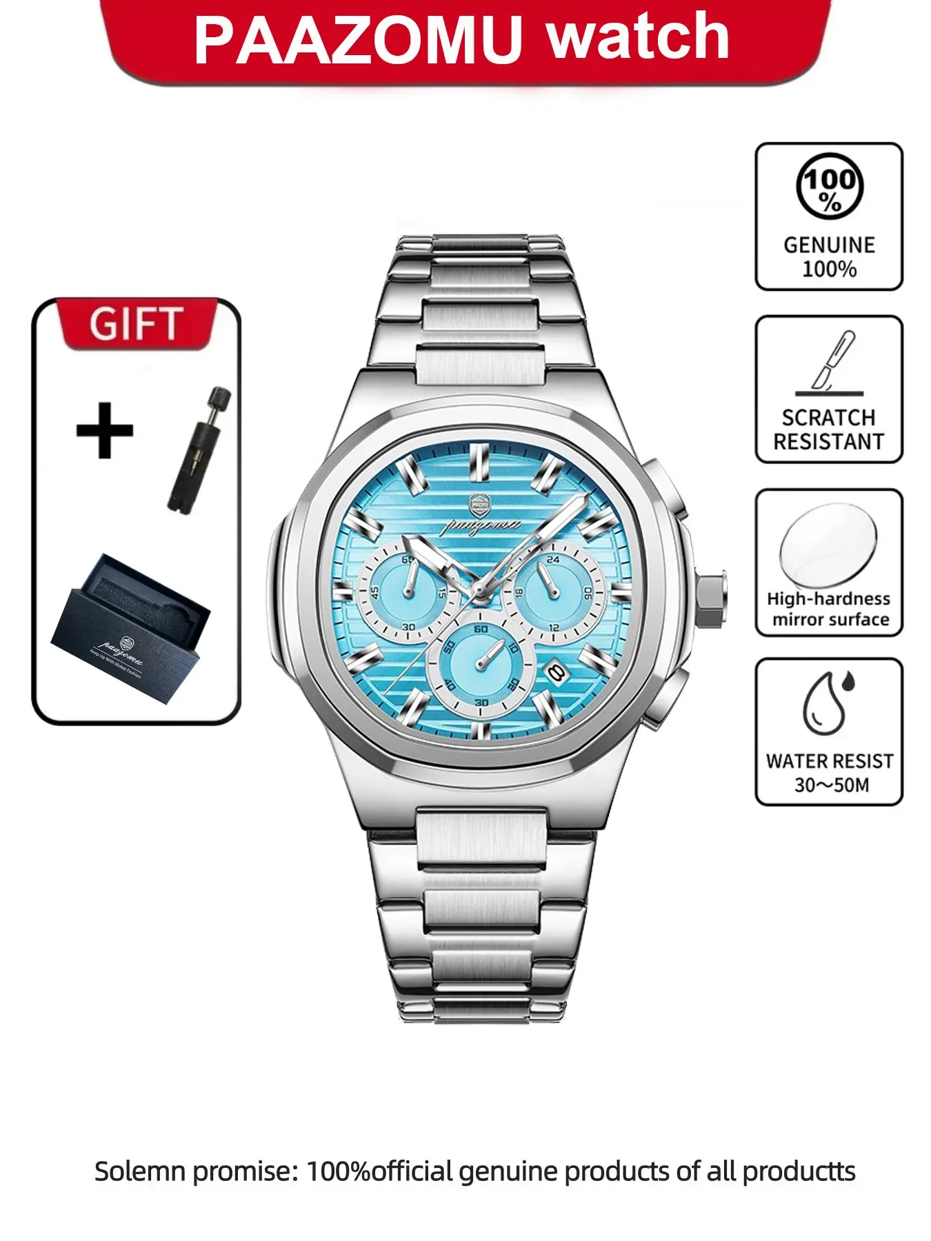 Paazomu Men's Watch, Luminous Dial Watch, Waterproof Luminous Chronograph, Date Display, Business Style, Quartz Movement, Stainless Steel, Sports Watch
