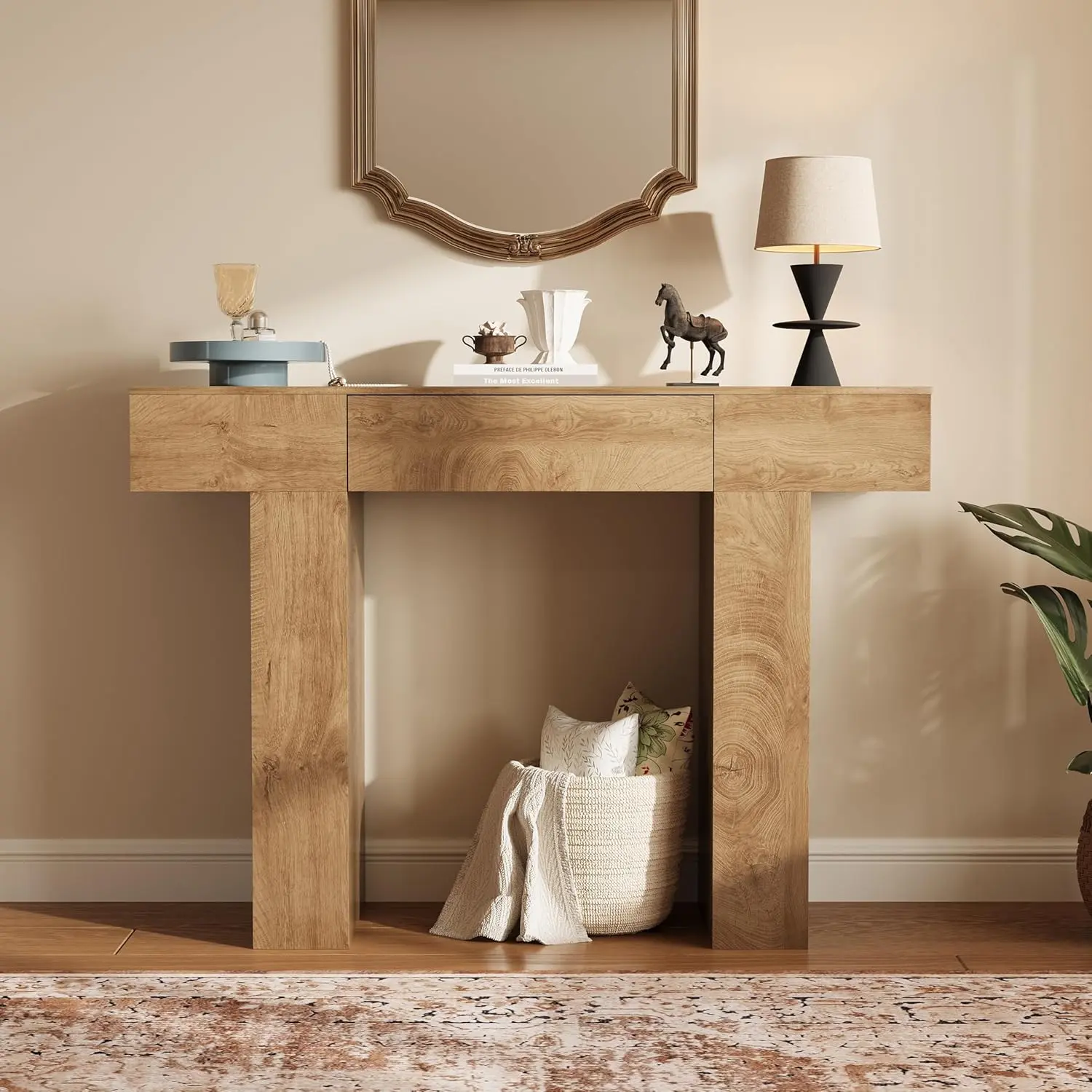 47 Inch Long Console Table with Drawer,Long Sofa Table Behind Couch,Slim Narrow Entrance Tables,Foyer Accent,Hallway Table,Farmhouse Wood Sofa Table, for Entrance,Hallway,Living Room (Oak &“π”)