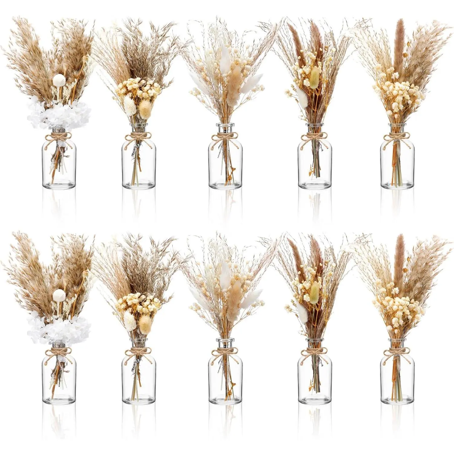 10 Set Dried Pampas Grass Centerpiece for Wedding 10 Small Glass Vases 10 Dried Pampas Grass Bouquet with Rope for Baby Shower Rustic Bridal Party Farmhouse Decoration