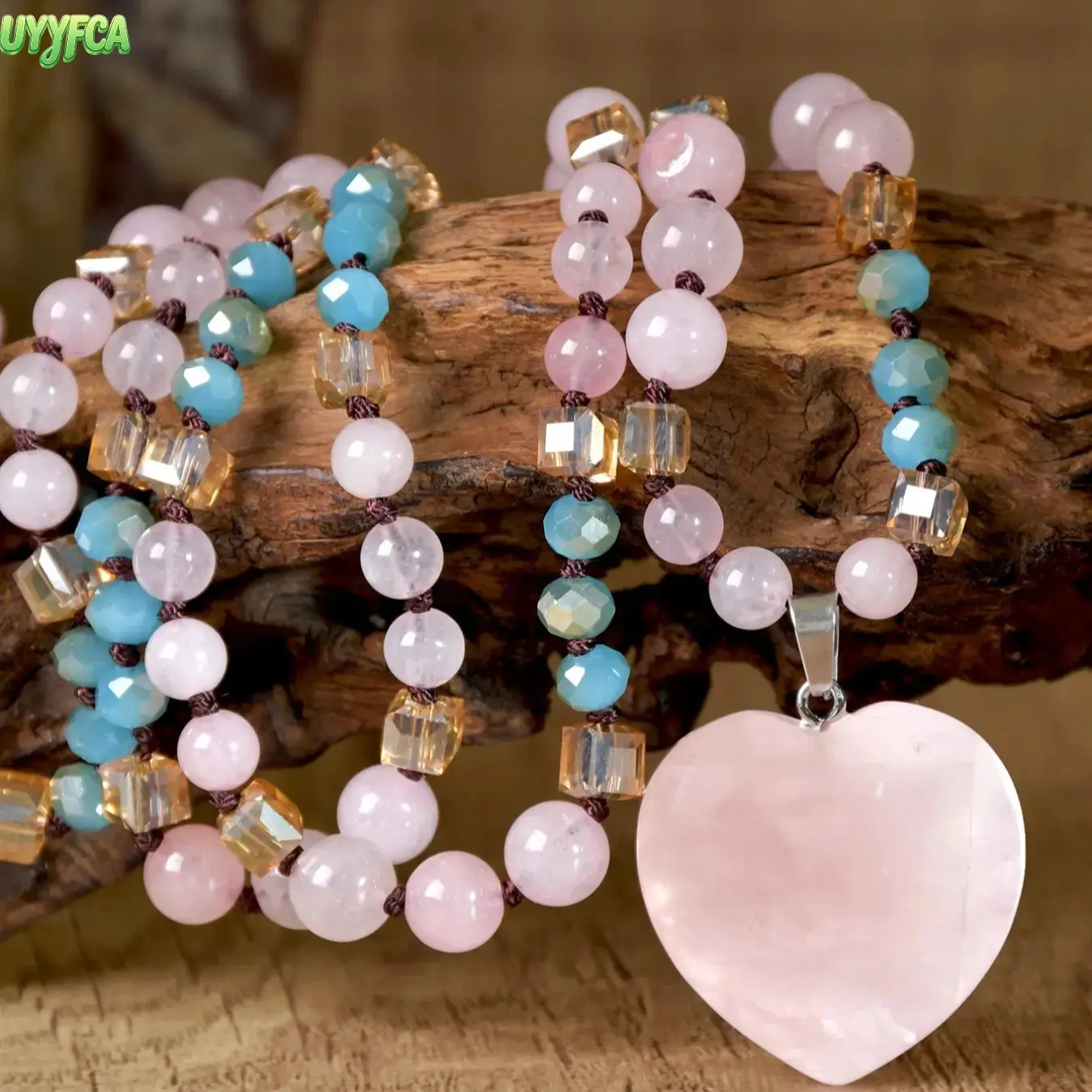 Women's Hand-Knotted Natural Stone Pendant Gemstone Necklace - Adjustable Wrap Mala, Heart & Teardrop Crystal Healing Charm, Mixed Faceted Beads Boho Layering Bag Charm, Fashion Pendants for Valentine, Summer Vibes, Gemstone Necklaces, Heart Charm Necklac