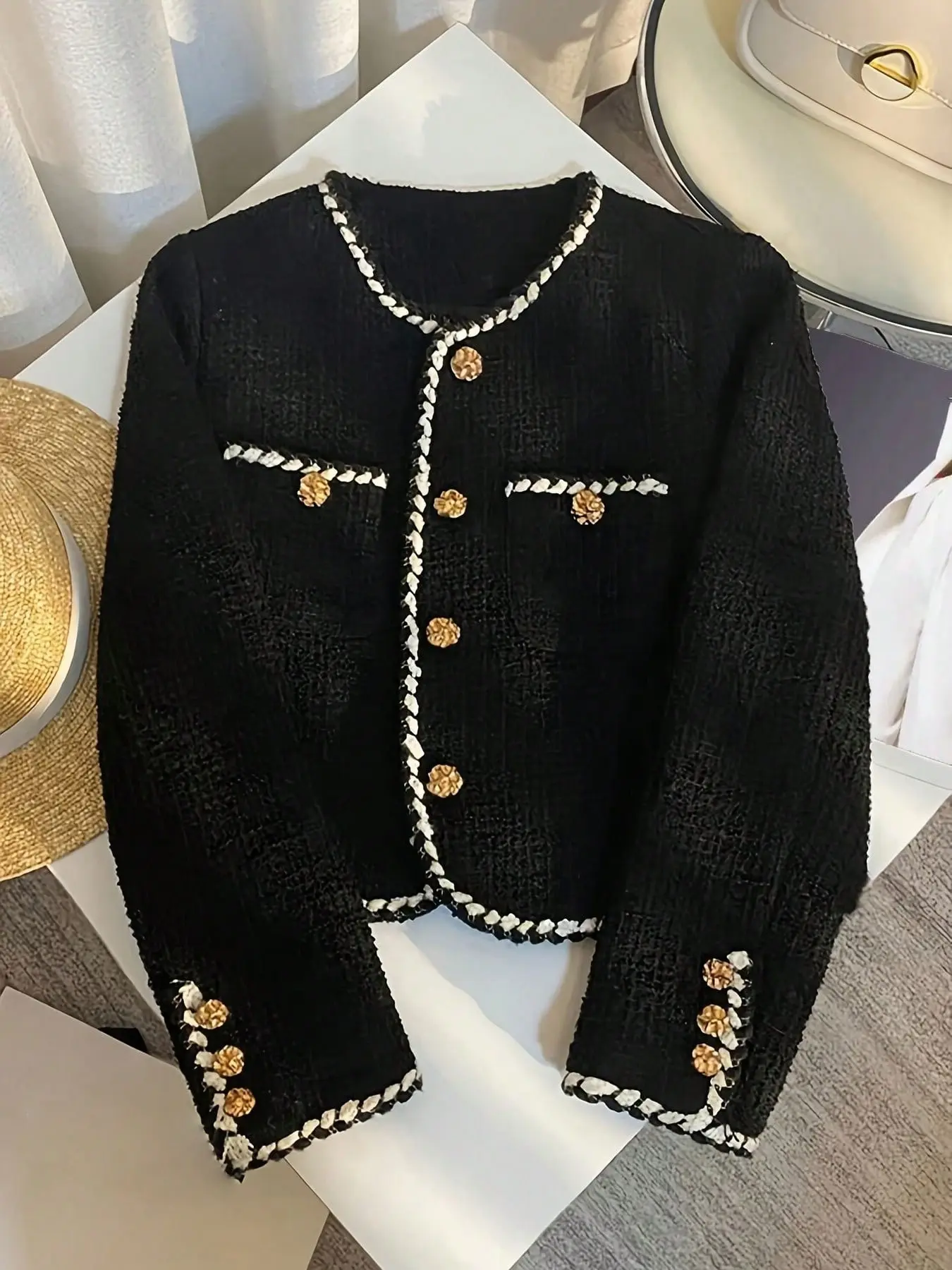 Women's Vintage Knit Pilot Jacket, Colorblock Binding and Buttons, Long Sleeve Round Neck Short Coat, Fall Winter Cardigan Knitwear
