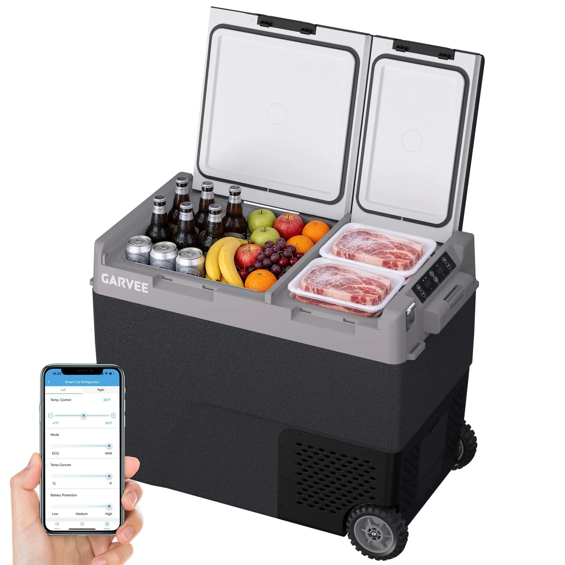 Garvee Dual Zone 40QT/61QT (38L/58L) Portable Car Refrigerator & Freezer, Compressor Cooler, Rapid Cooling -4°F to 68°F, 12/24V DC Power, LCD Display, Compatible with Backup Battery (Battery Not Included)