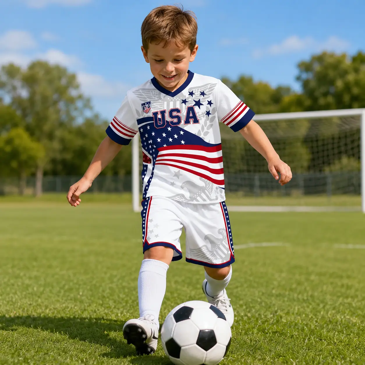 Kids USA Soccer Jersey Set Youth Football Uniform Boys Girls Training Kit USA Flag Star Stripes Sportswear Breathable Quick Dry Soccer Outfit Children Athletic Clothing School Sports Practice Football Kit Gift for Kids Outdoor Soccer Apparel Soccer Shirt