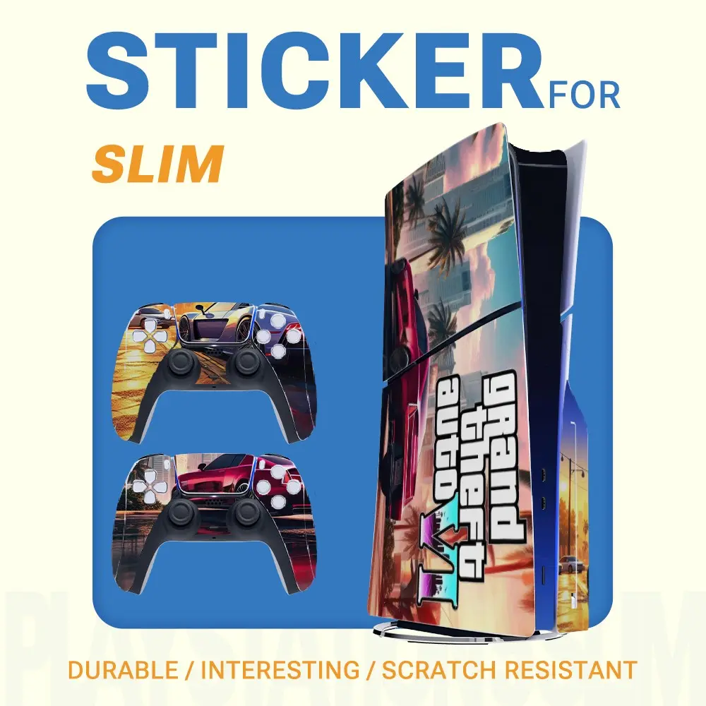 Ps5 Slim Vinyl Sticker, Aesthetic Stickers, Urban Sports Car Coconut Tree Sunset Art Full Coverage, Waterproof Removable Game Console Decor, Controller Protection