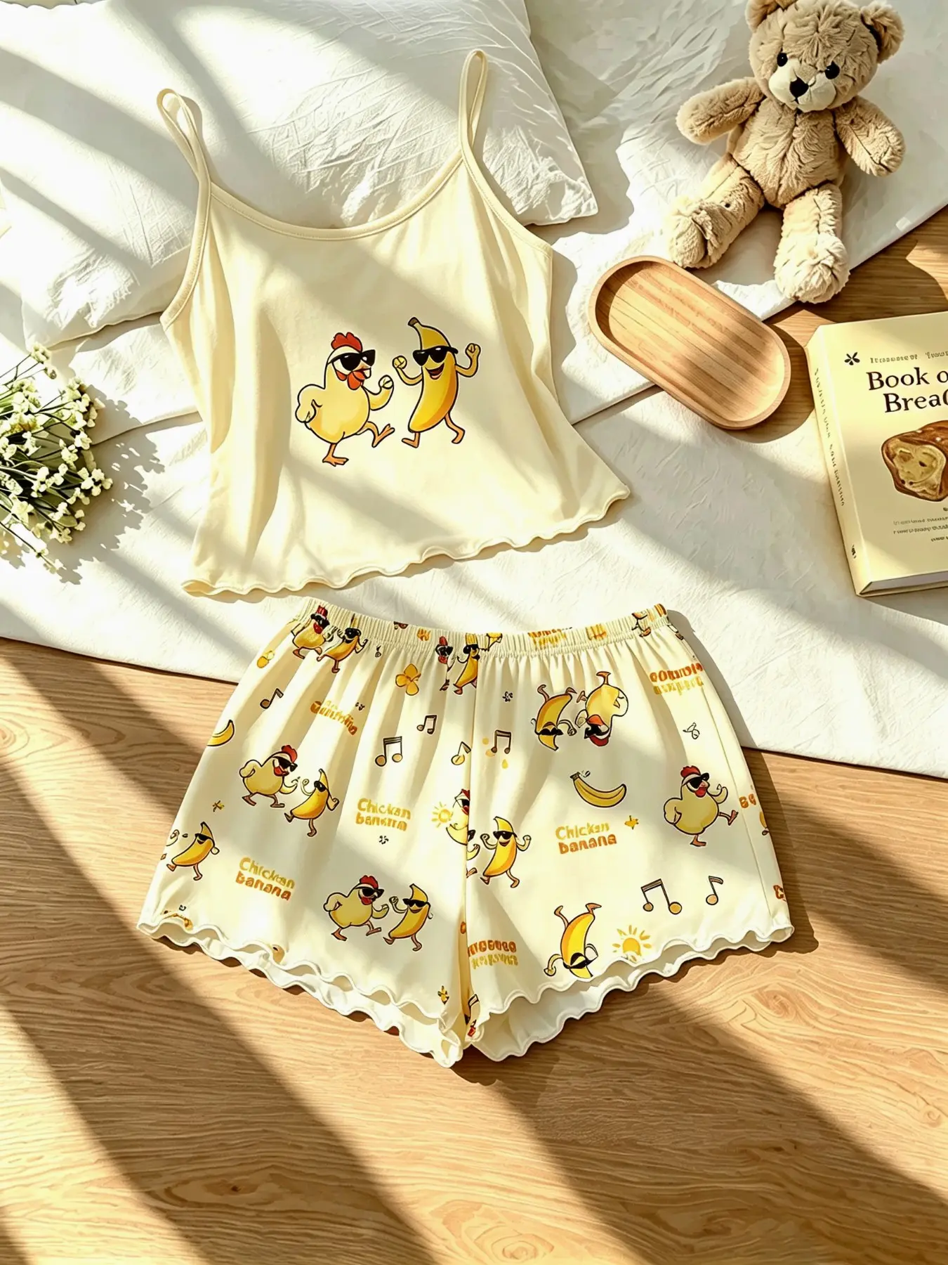 Women's Tank Top Pajamas Set Pjs, Chicken Banana Print, Summer Loose Fit, Casual Home Wear, Cute Elegant, Comfortable Breathable