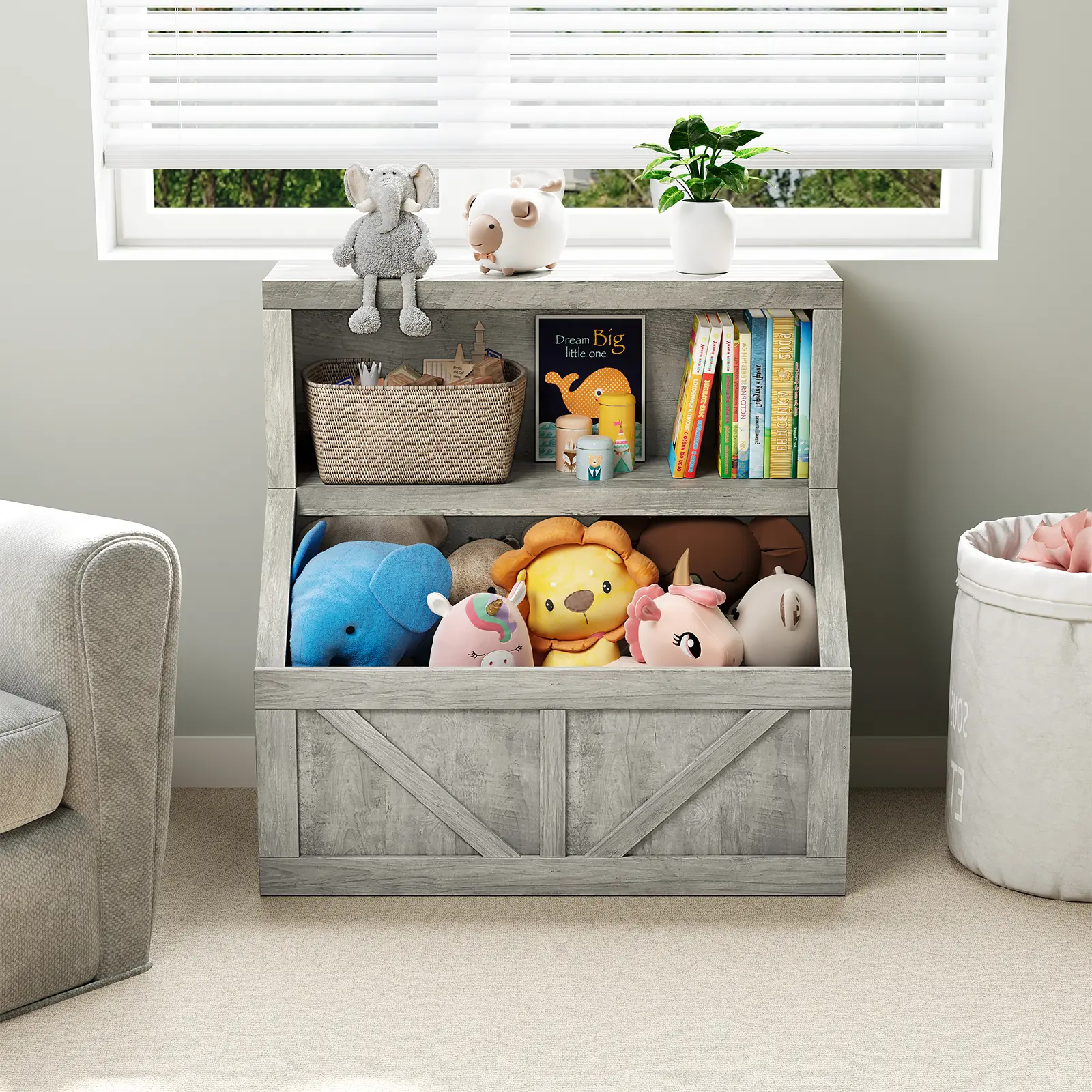 GARVEE Space-Saving Kids Bookshelf with Toy Storage, 2-Tier Wooden Toddler Bookcase Cabinet - Large Cubby Shelves - Anti-Tip Safety - for Nursery Playroom Bedroom Study area