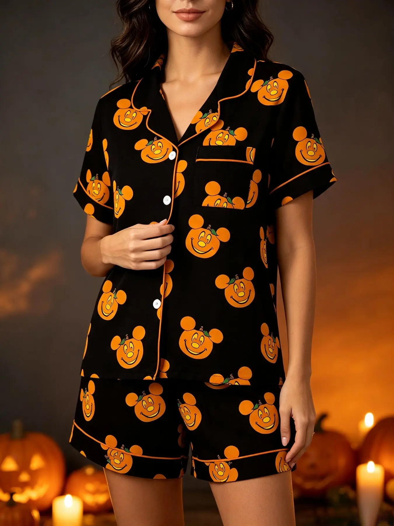 Halloween Print Women's Pajama Set, Comfortable Wear-Outside Sleepwear, Short Sleeve Button-Up Top and Elastic Shorts, Casual Home Gift, All Seasons Loungewear