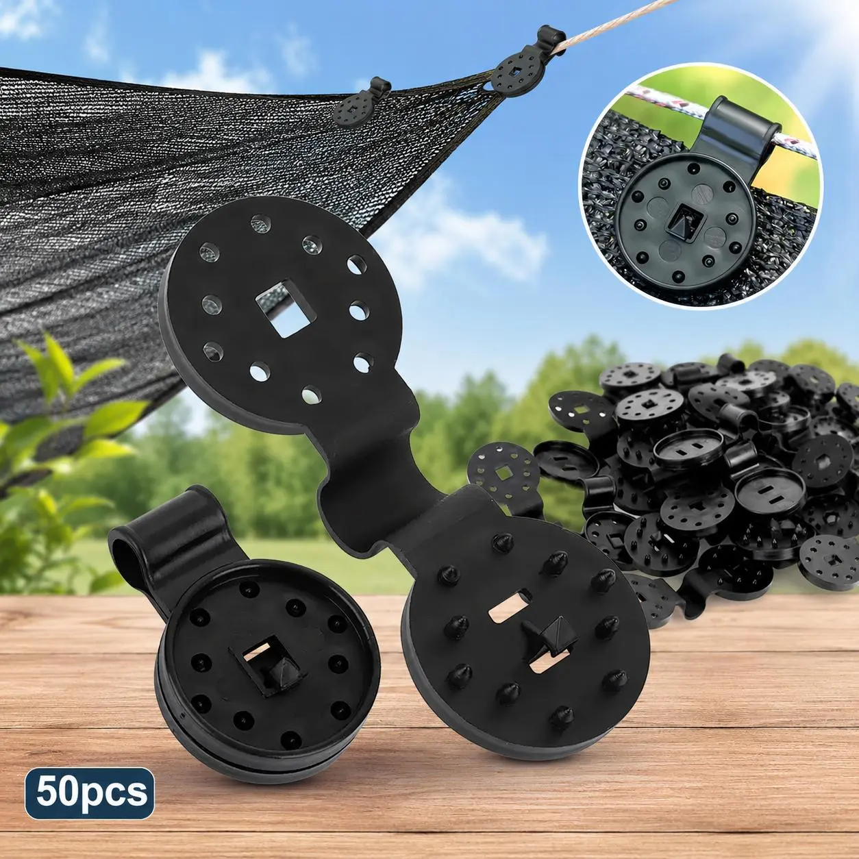 50PCS Outdoor Reinforced PP Shade Clips - 1.8" Jaw Round Shape Heavy-Duty Lock Grip Windproof Awning Clamps for Sun Shade Sail, Tarpaulin, Mesh Canopy (Black)