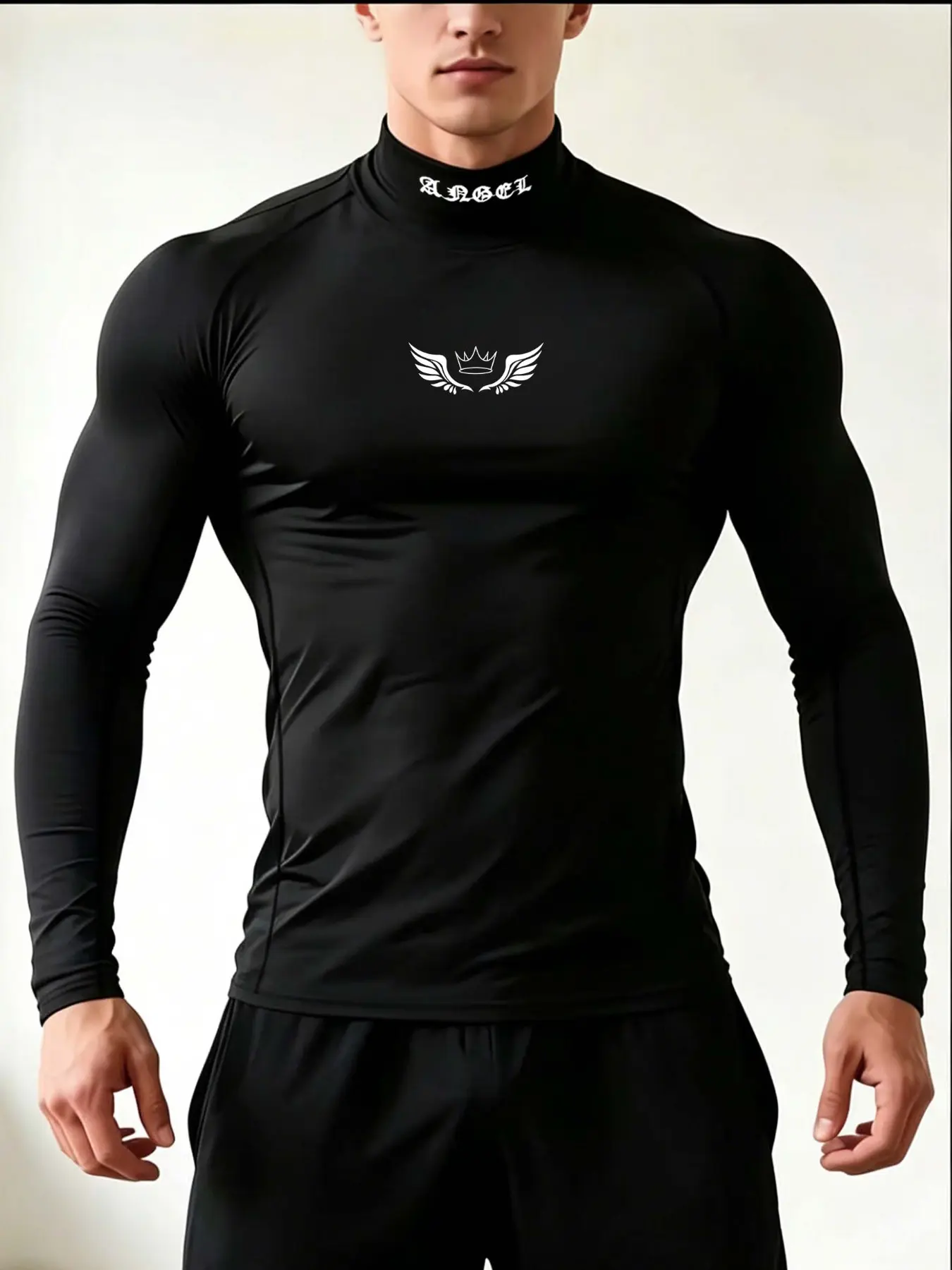 Men's Quick Dry Compression Mock Neck Long Sleeve Shirt, Compression Training Shirt, Gothic Angel Crown Wing Print, Sporty Slim-Fit Athletic Base Layer Top, All Seasons Activewear