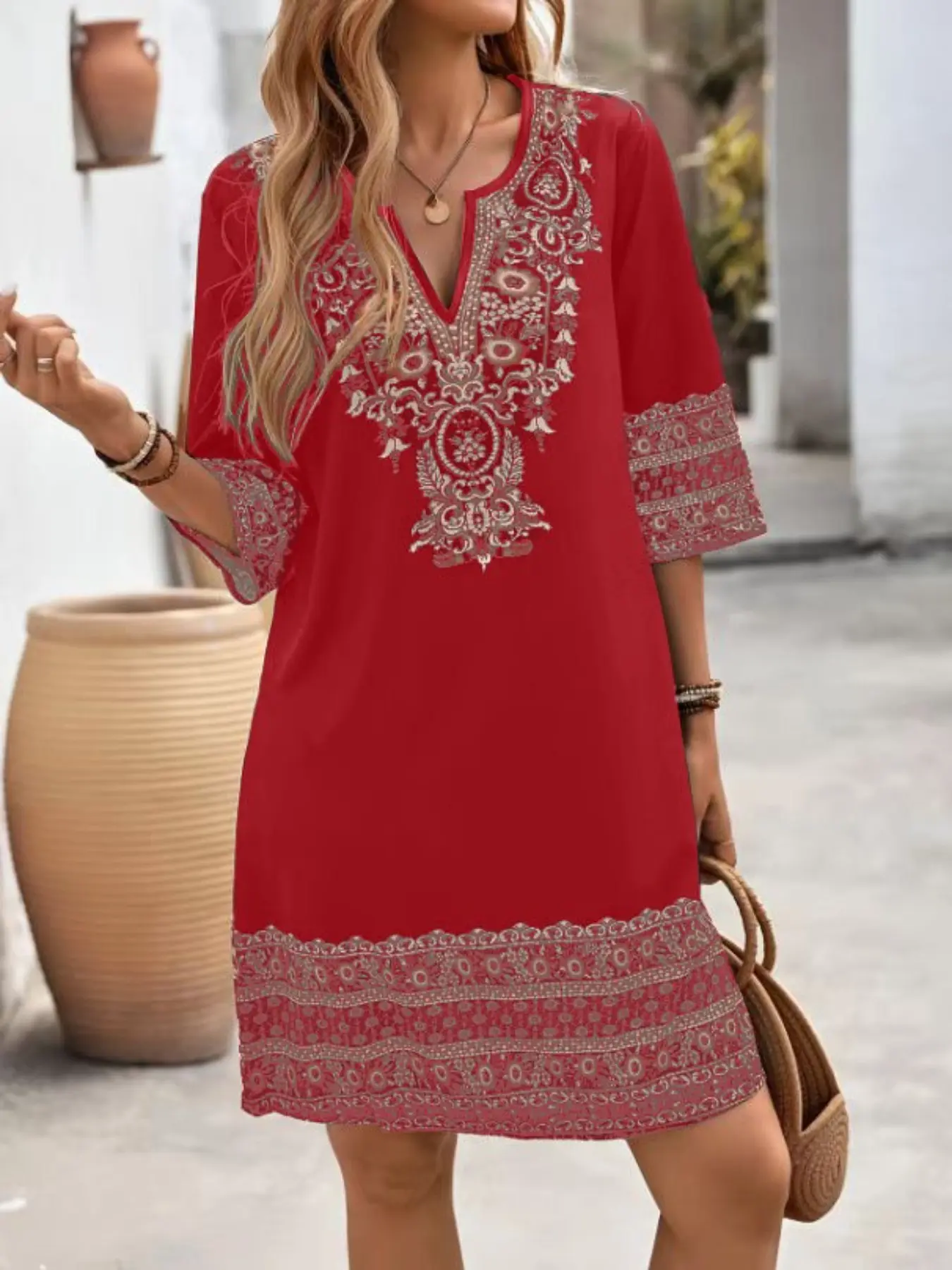 Ethnic Style V-Neck Printed Dress, Unique Ethnic Design, Perfect for Special Occasions, Comfortable & Stylish, Ideal Gift Choice