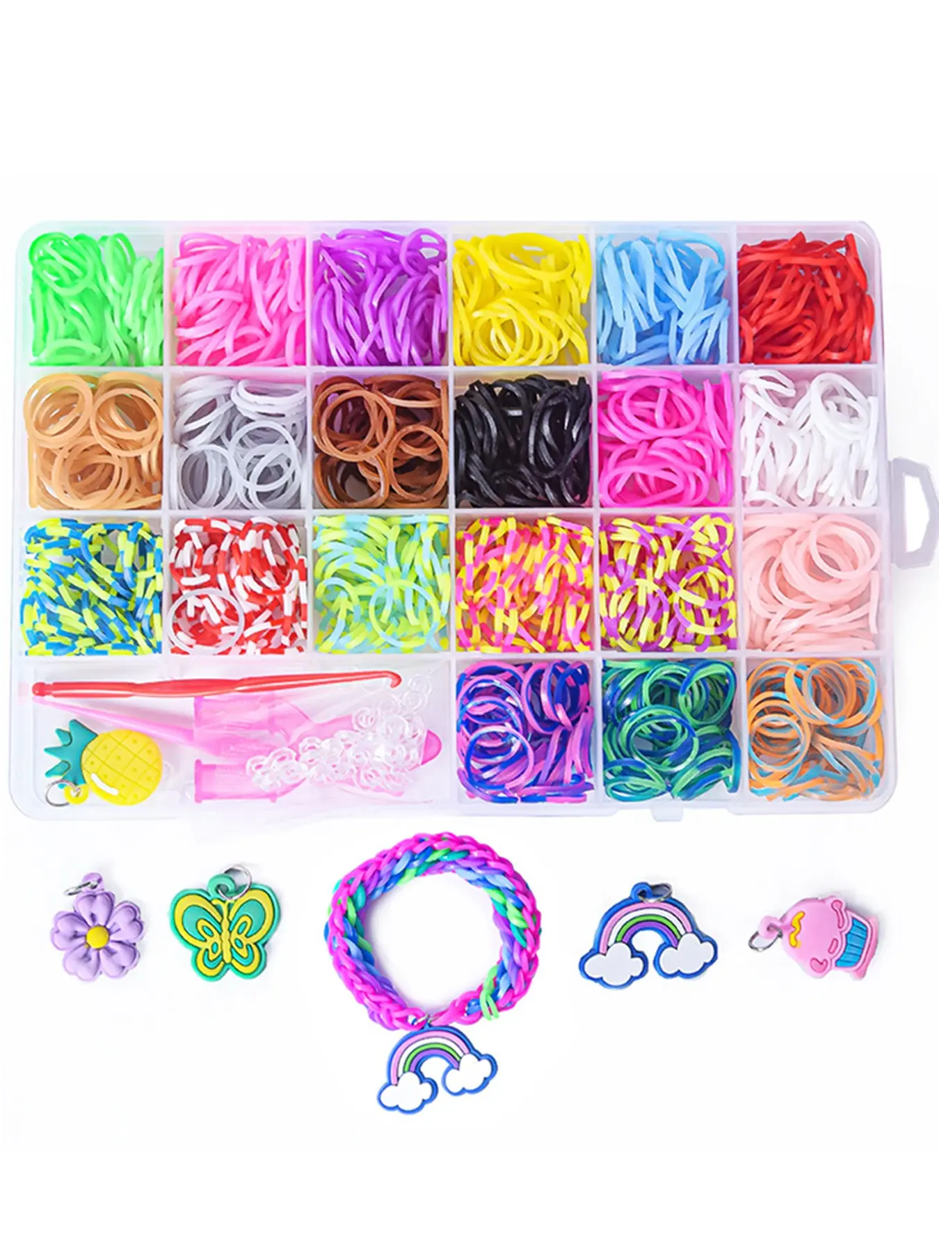 1400pcs DIY Jewelry Making Kit, 21 Colors, 24-Compartment Box, Loom Bands, Hooks, Rubber Bands, Bracelet Set, Random Colors