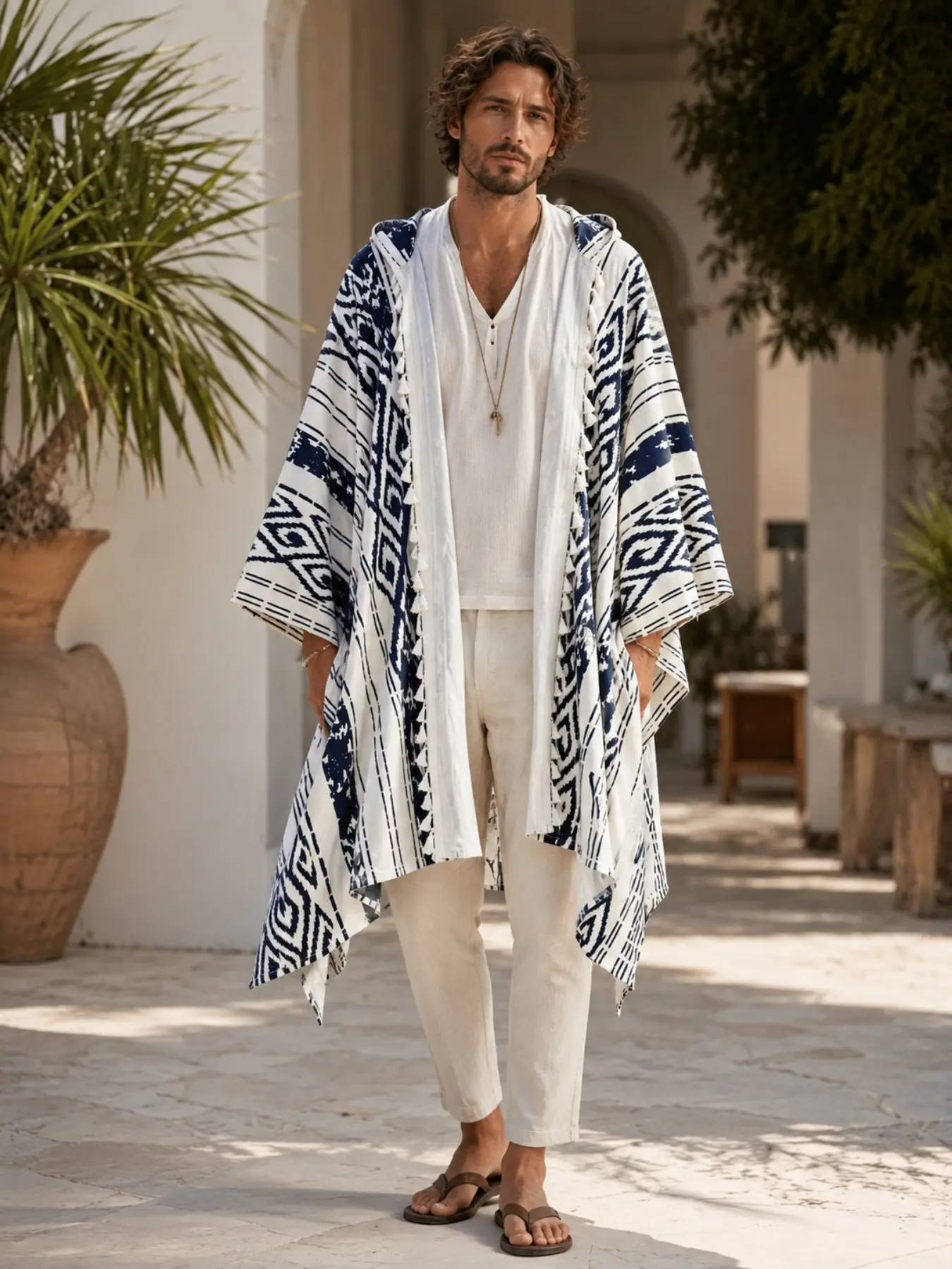 Boho Beach Casual Flowy Geometric Jacquard Hooded Cape, Unisex Lightweight Outerwear, Perfect for Summer Vibes & Outdoor Adventures