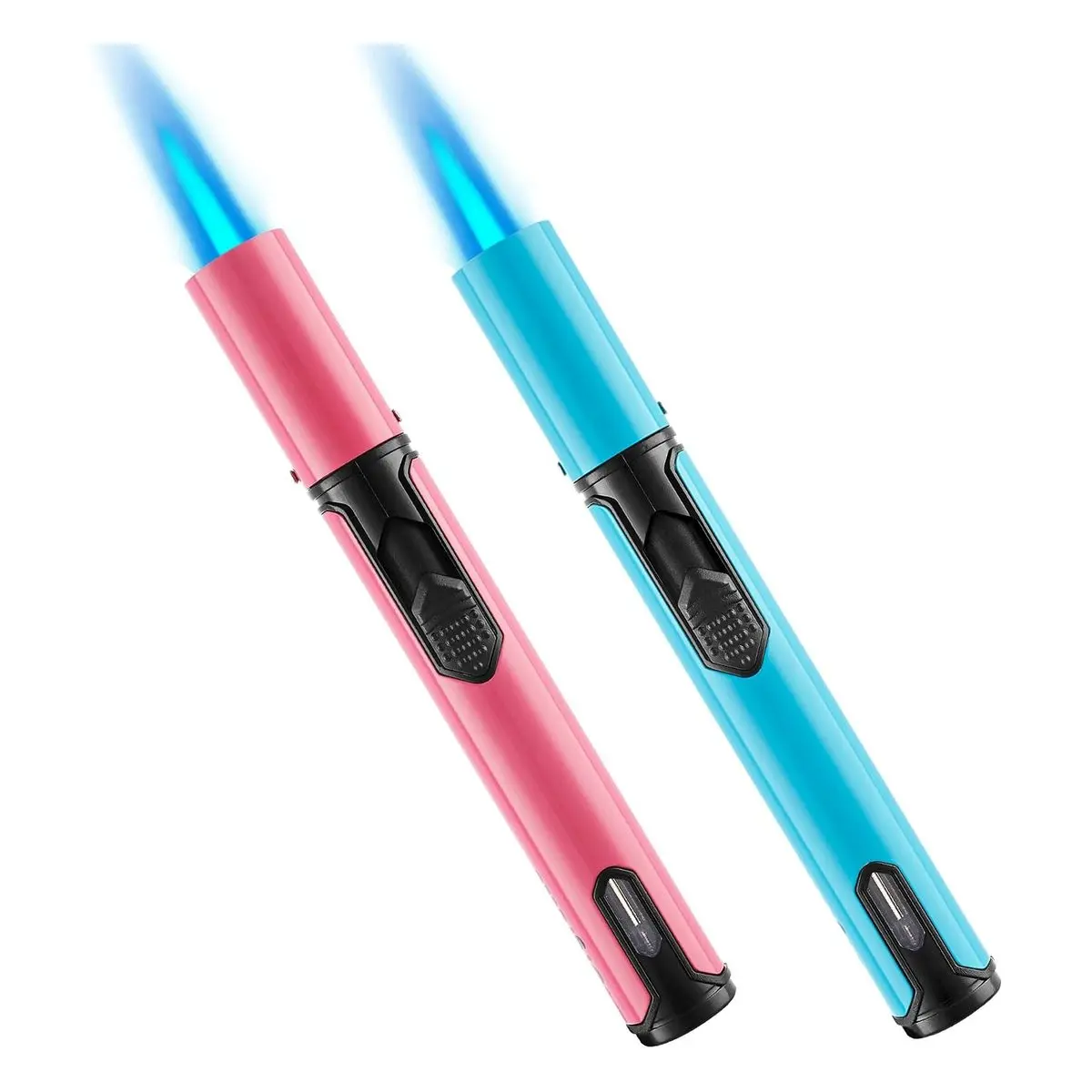 Sturdy Adjustable Intensity Metal Butane Torch Lighters, 2-Pack 6-Inch Jet Flame Refillable Pen Lighters for Baking, Kitchen, Grill, Aqua Blue, Peach Pink, Lime Green (Gas Not Included)