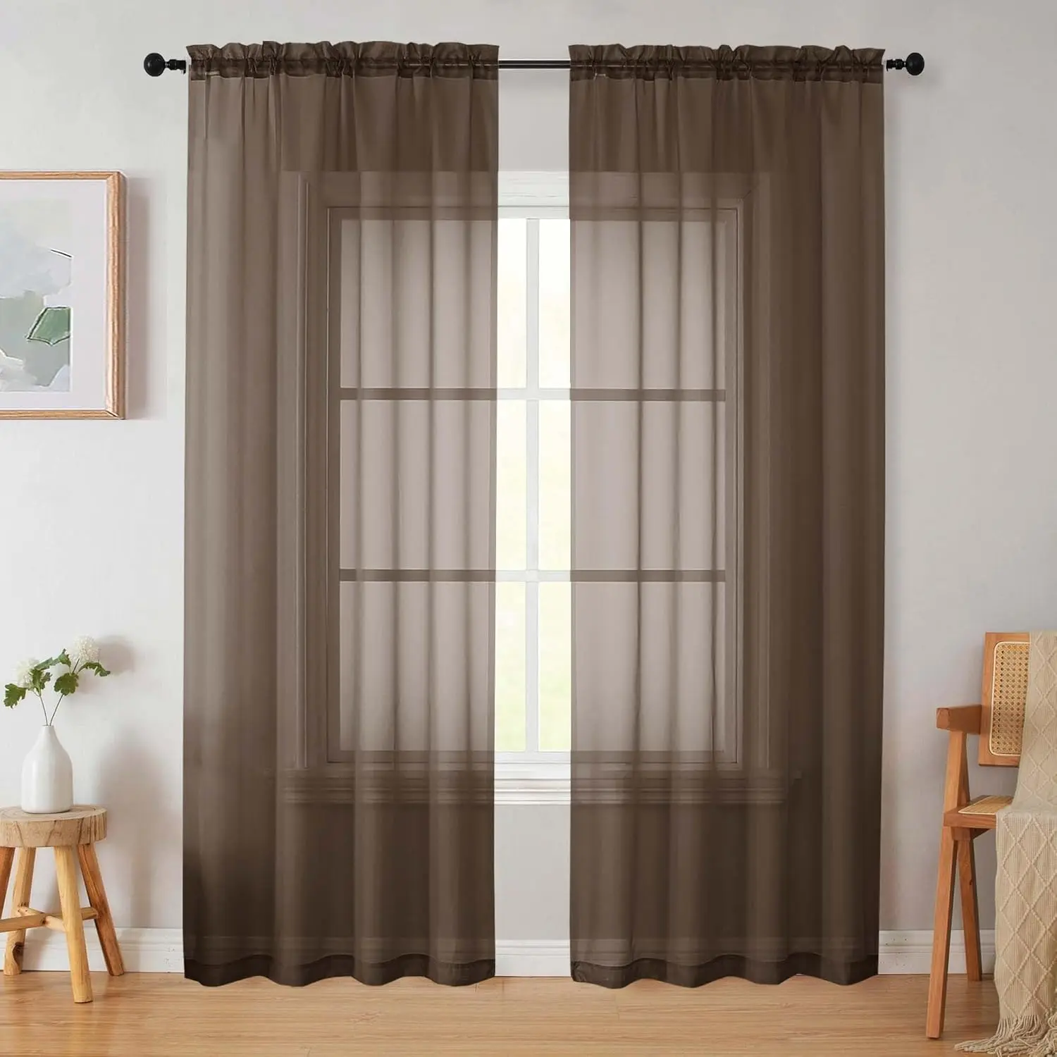 Modern Sheer Rod Pocket Window Drapery - 2 Panels (84" Total W x 84" L, Chocolate), Soft Filter Privacy Treatments for Bedroom, Living Room, Two Panels