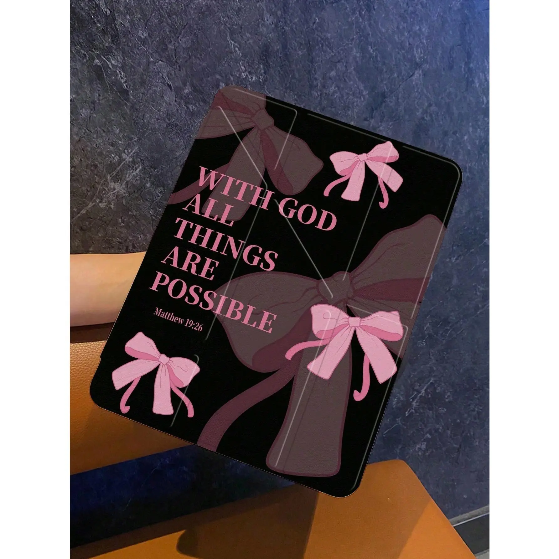 Pink Bowknot Elements Flip Pad Tablet Protective Case Features A Design Combining A Transparent Hard Shell And A Magnetic Foldable Front Cover Slim Lightweight Portable Stylish Practical Design Pink Bows English Scripture WITH GOD ALL THINGS ARE POSSIBLE