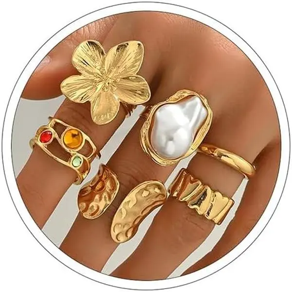 Chunky Gold Rings  Women Non Tarnish Statement Flower Ring Baroque Pearl Stackable Rings Set 6Pcs Chunky Jewelry