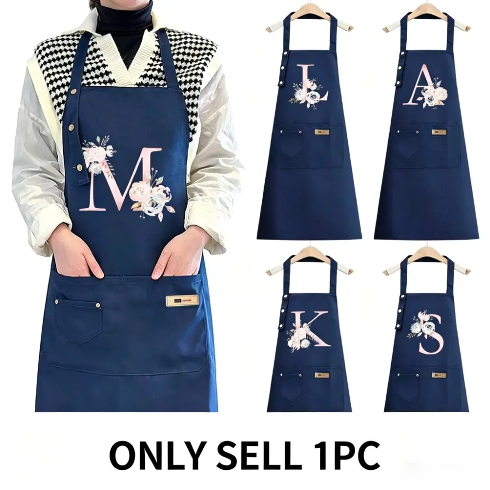 Letter & Floral Pattern Apron, 1 Count Adjustable Shoulder Strap & Large Pocket Apron, Professional Apron for Cooking, Gardening, Painting, Baking, Kitchen Aprons
