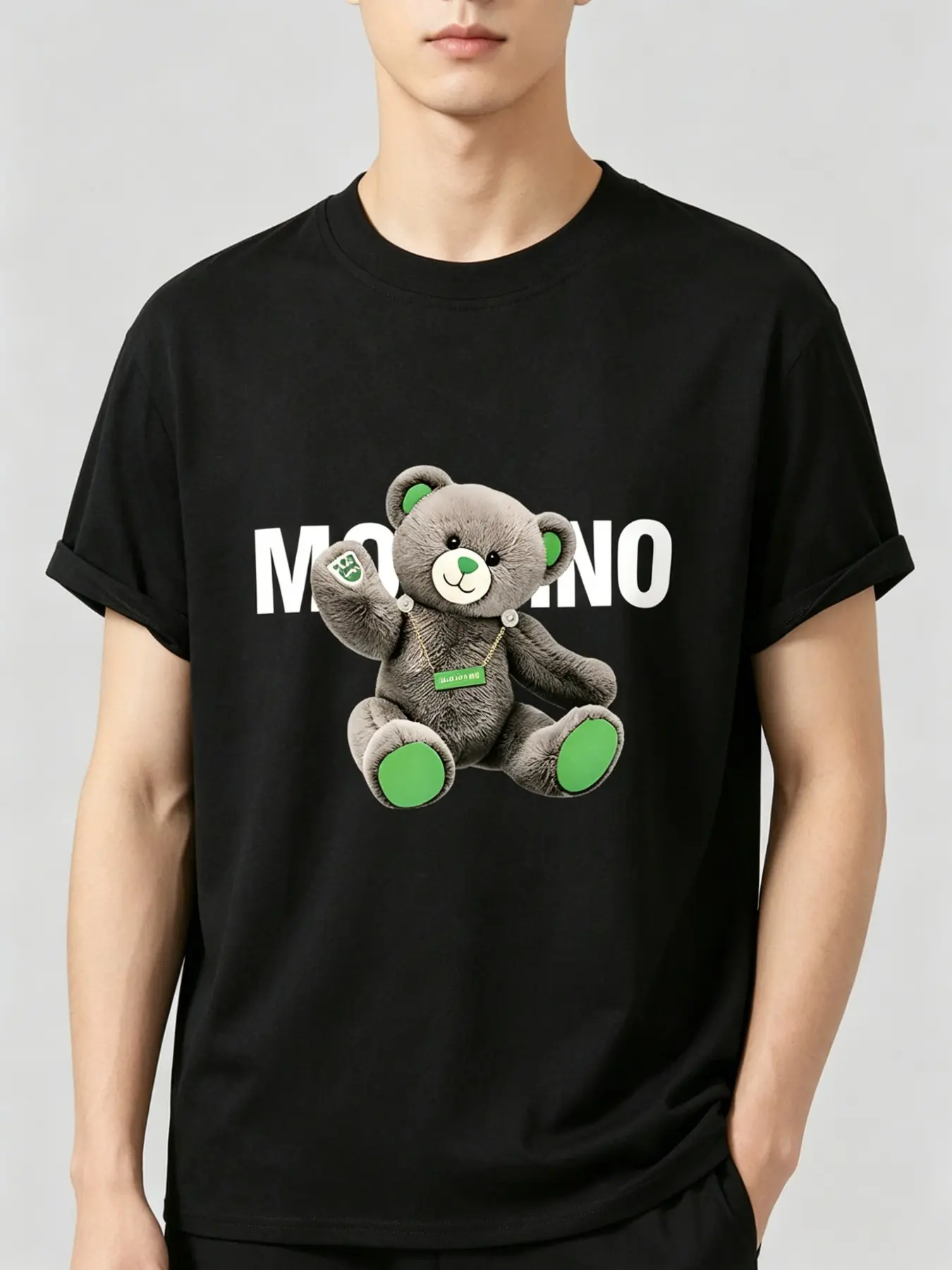 Men's Casual Loose Fit T-Shirt, Base Plush Bear Print, Rolled Hem, Short Sleeve, Pure Cotton, Trendy Fashion