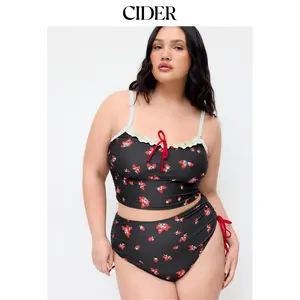 Cider High Stretch Fruit Graphic Square Neck Tankini & Bikini Set Curve & Plus